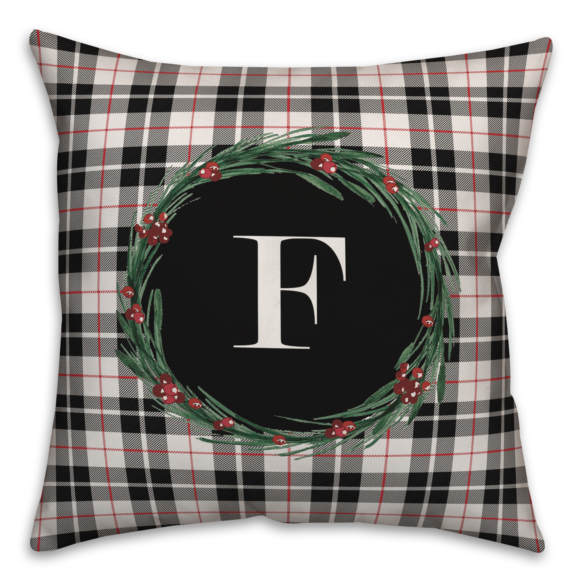 Black Plaid Monogram Wreath - F 18x18 Spun Poly Pillow