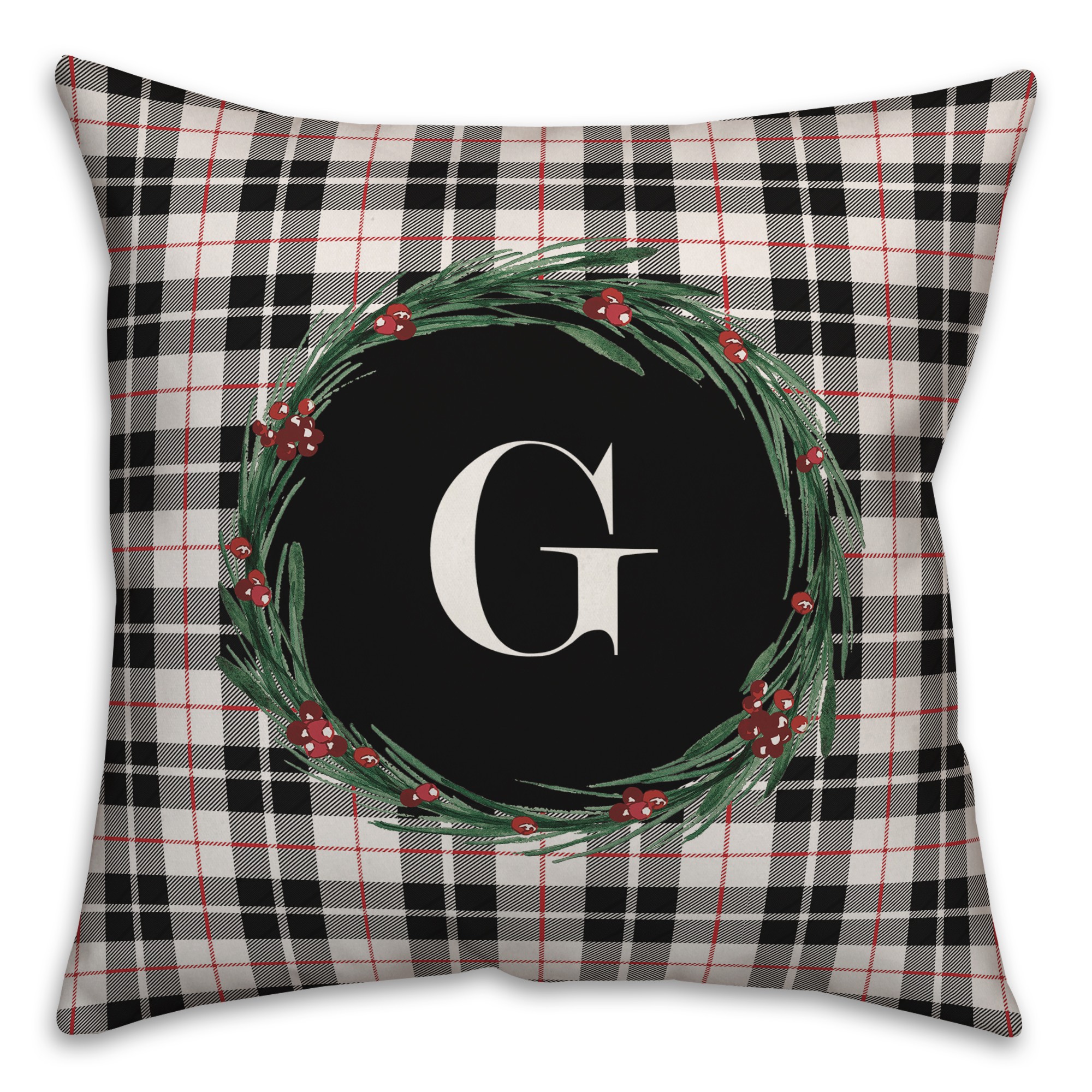 Black Plaid Monogram Wreath - G 18x18 Spun Poly Pillow