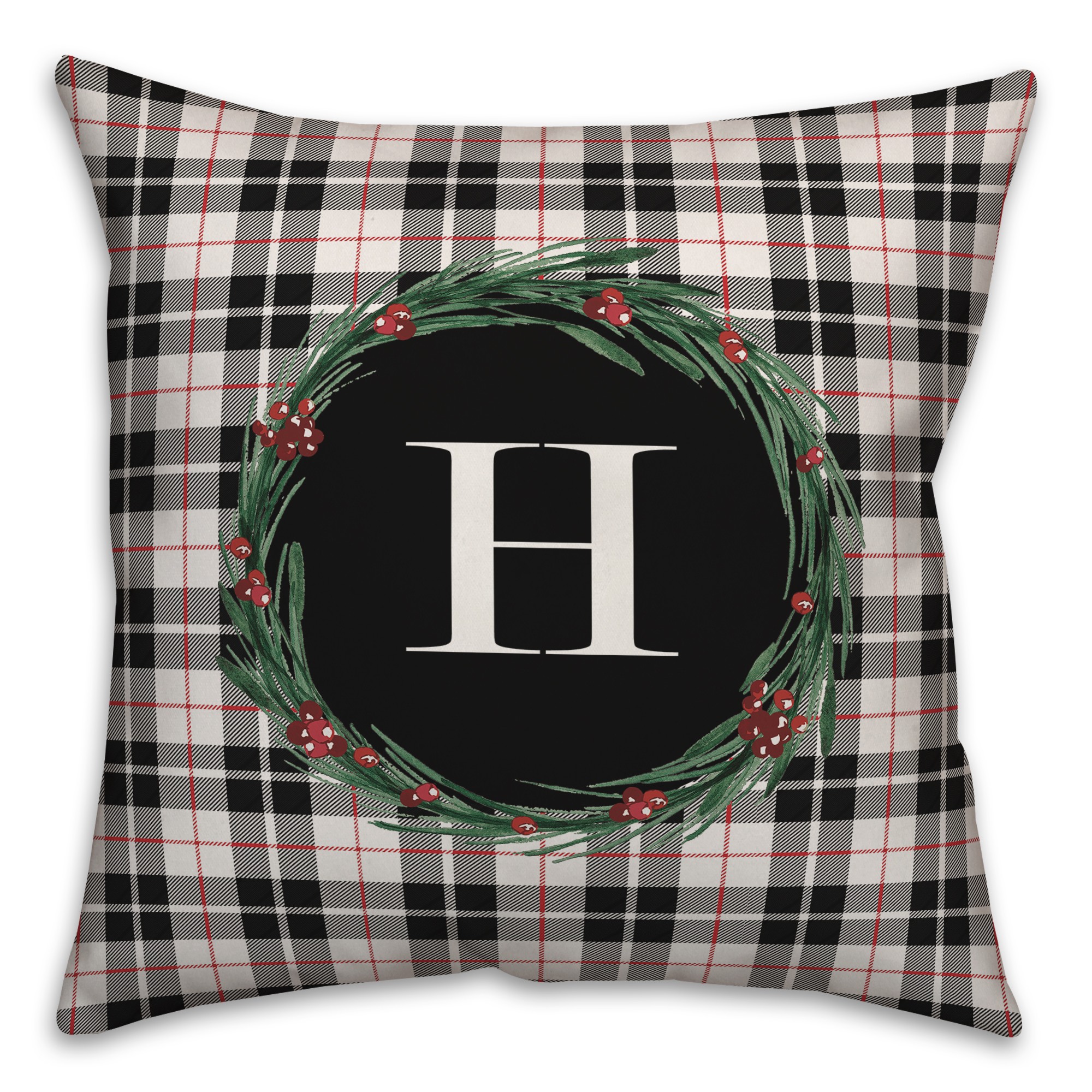 Black Plaid Monogram Wreath - H 18x18 Spun Poly Pillow