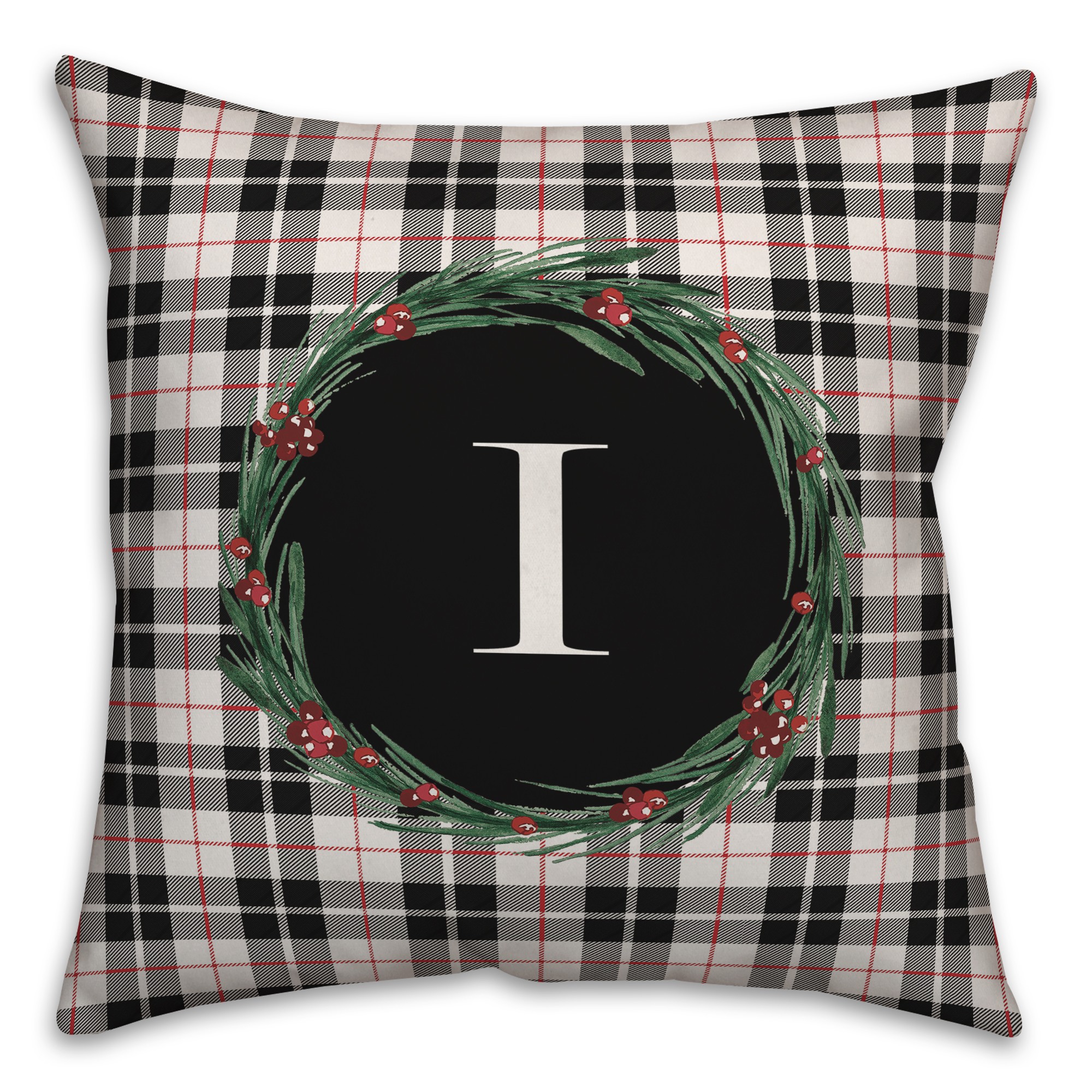 Black Plaid Monogram Wreath - I 18x18 Spun Poly Pillow