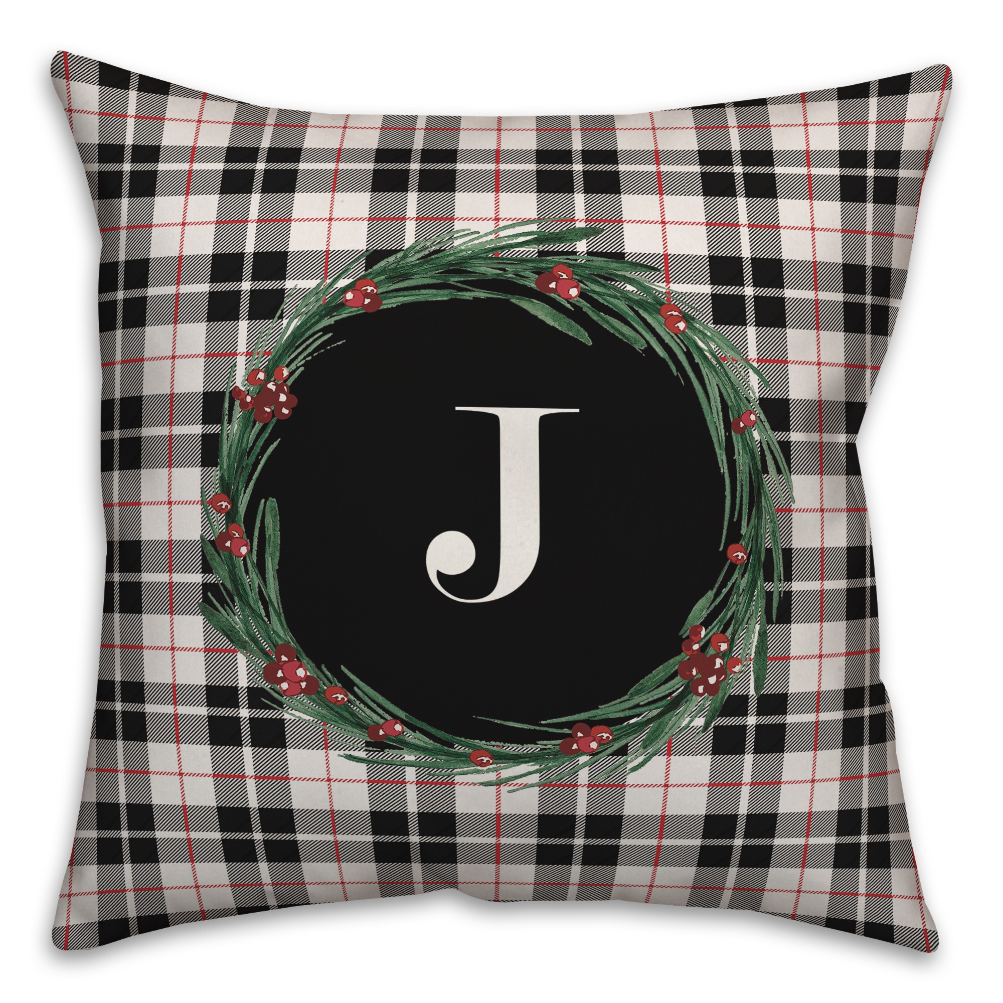 Black Plaid Monogram Wreath - J 18x18 Spun Poly Pillow