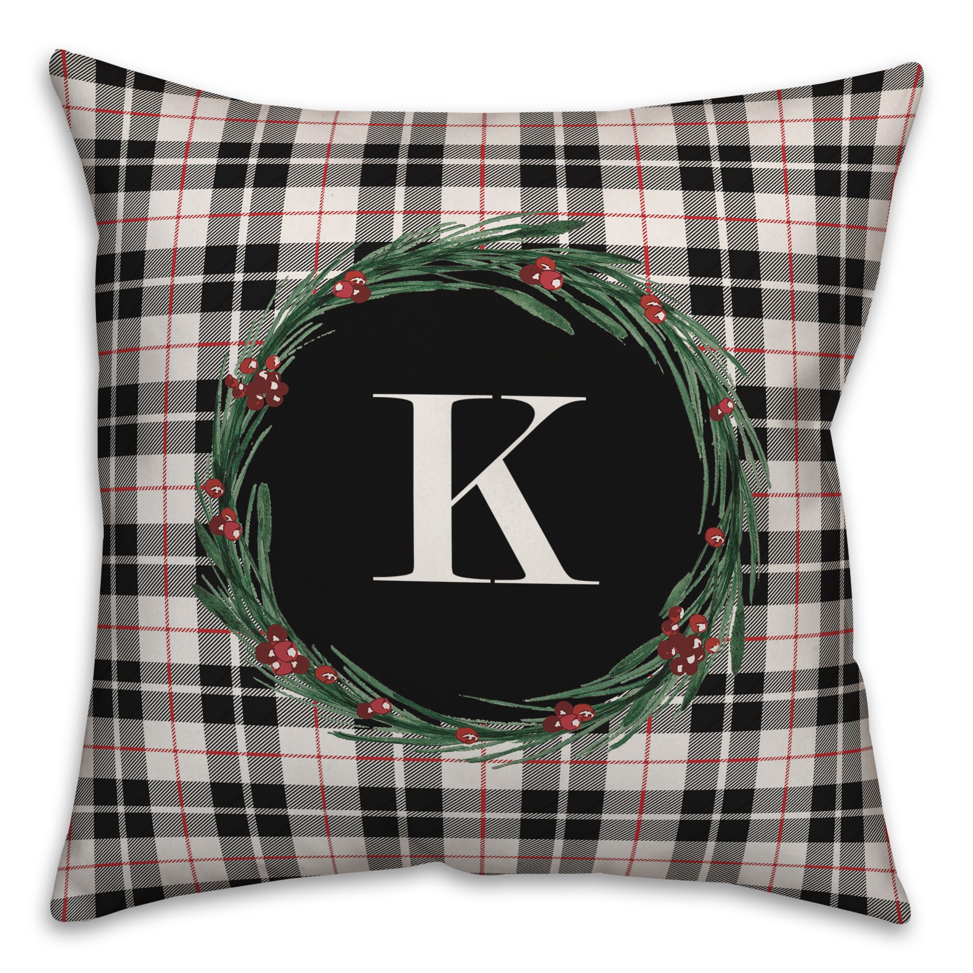 Black Plaid Monogram Wreath - K 18x18 Spun Poly Pillow
