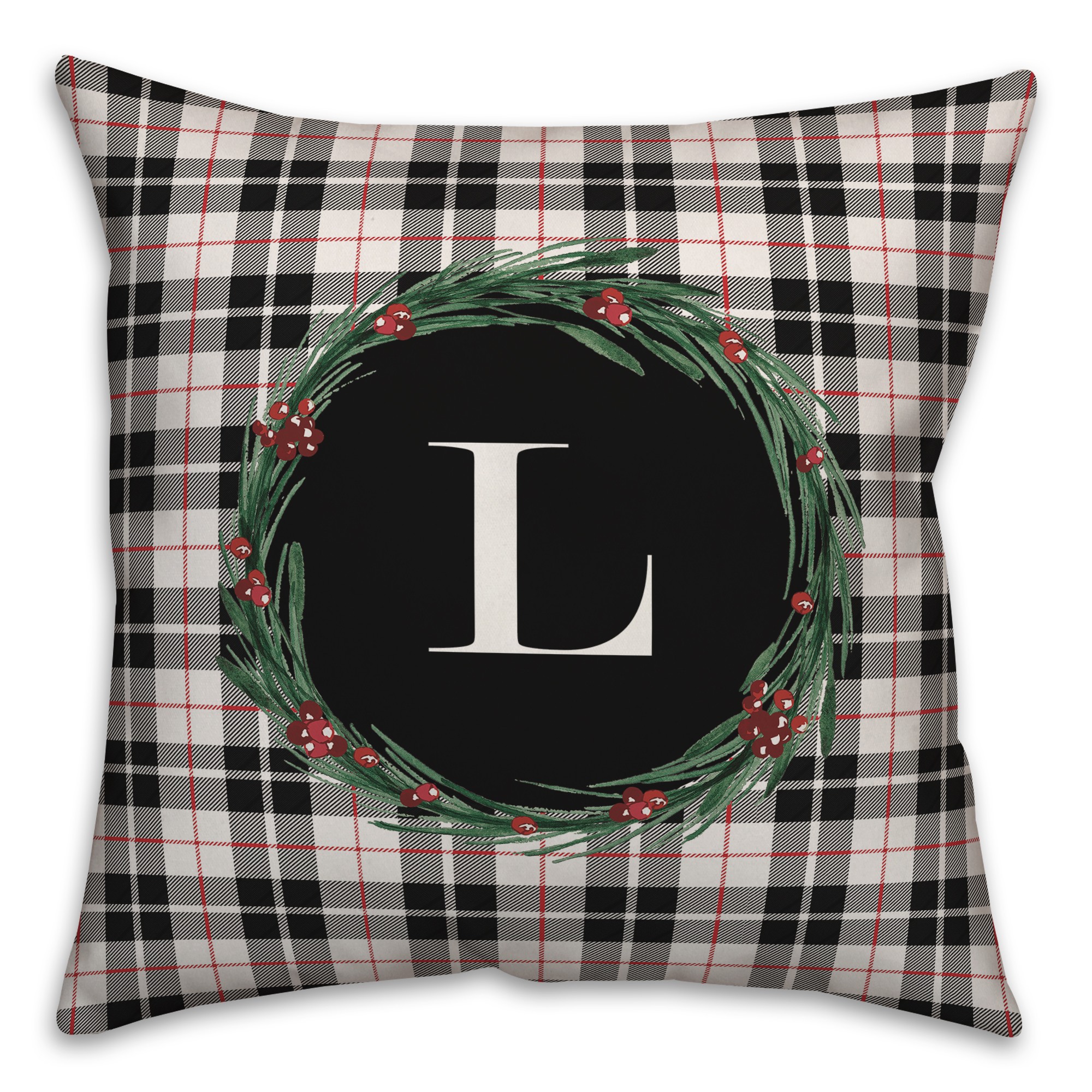 Black Plaid Monogram Wreath - L 18x18 Spun Poly Pillow