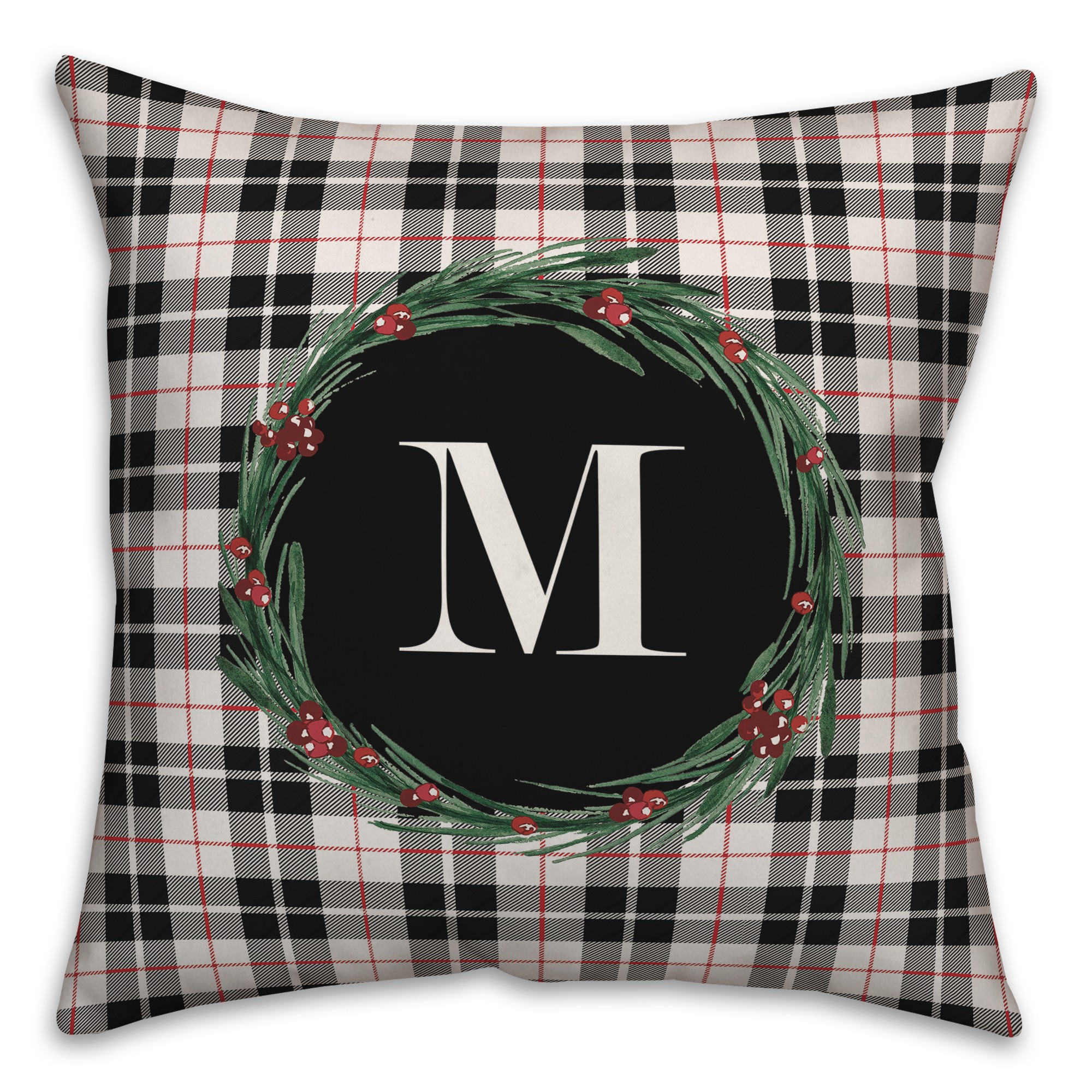 Black Plaid Monogram Wreath - M 18x18 Spun Poly Pillow