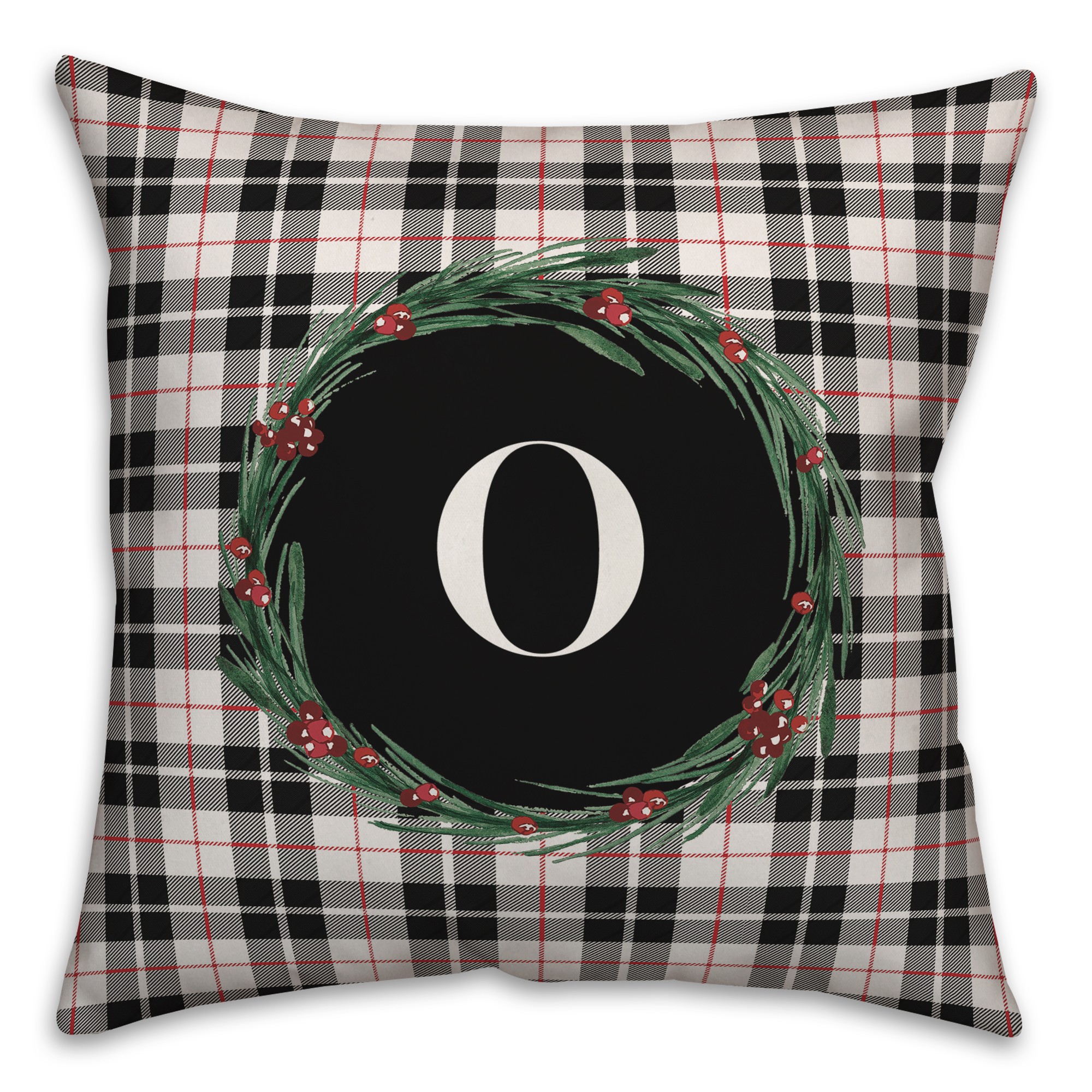 Black Plaid Monogram Wreath - O 18x18 Spun Poly Pillow