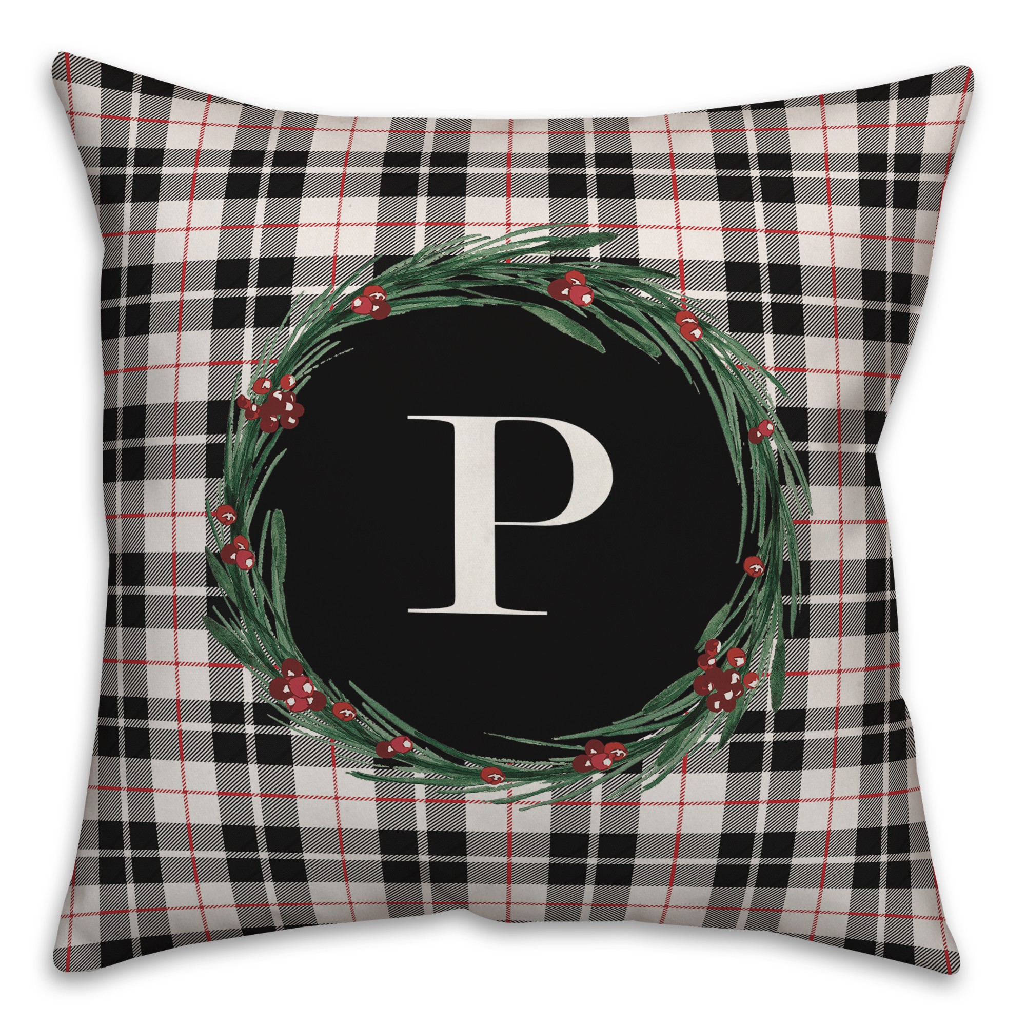 Black Plaid Monogram Wreath - P 18x18 Spun Poly Pillow