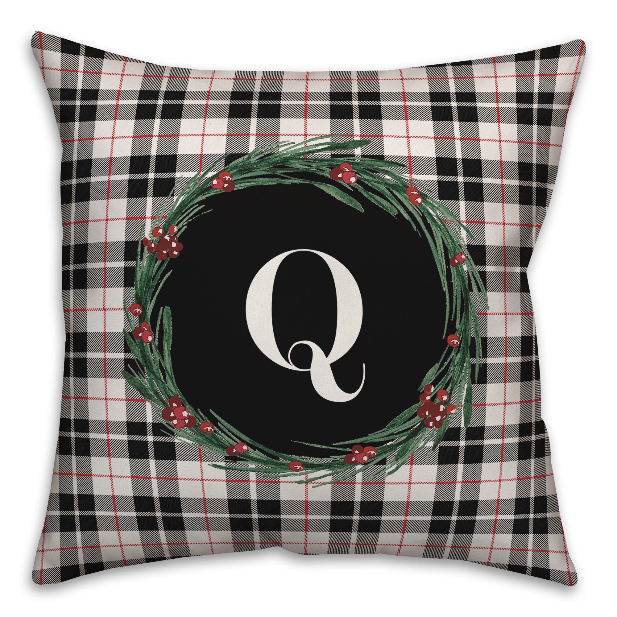 Black Plaid Monogram Wreath - Q 18x18 Spun Poly Pillow