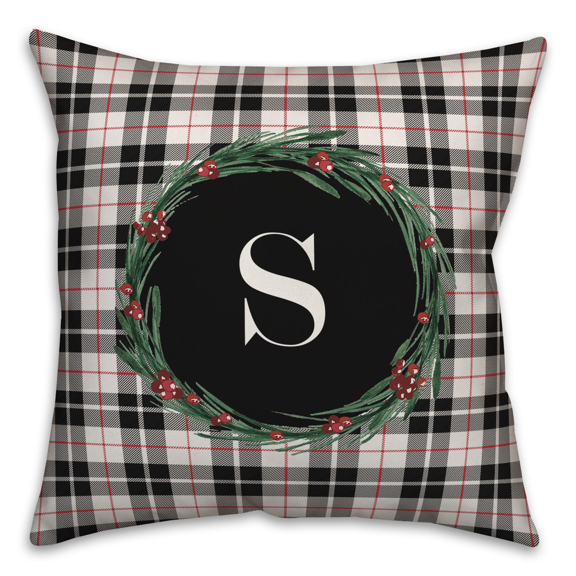 Black Plaid Monogram Wreath - S 18x18 Spun Poly Pillow