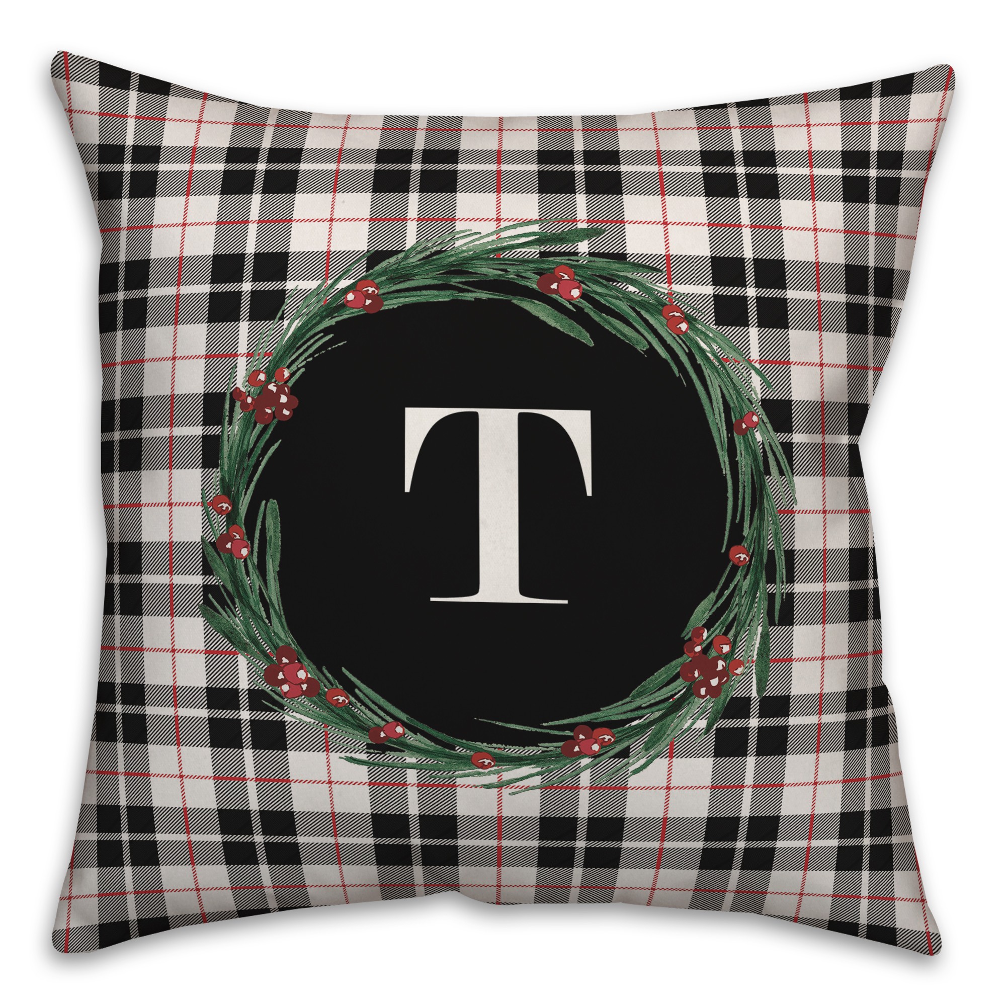 Black Plaid Monogram Wreath - T 18x18 Spun Poly Pillow