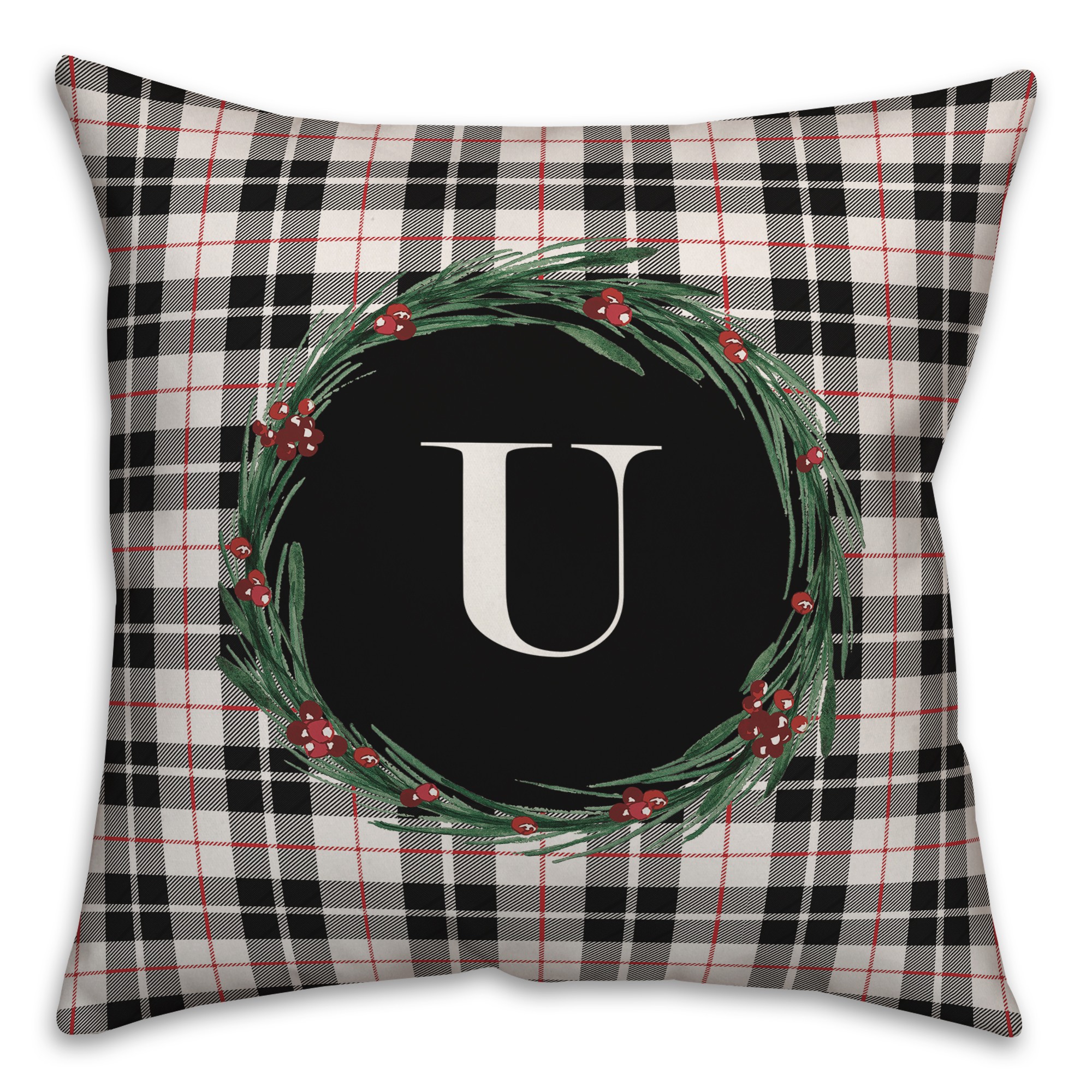 Black Plaid Monogram Wreath - U 18x18 Spun Poly Pillow