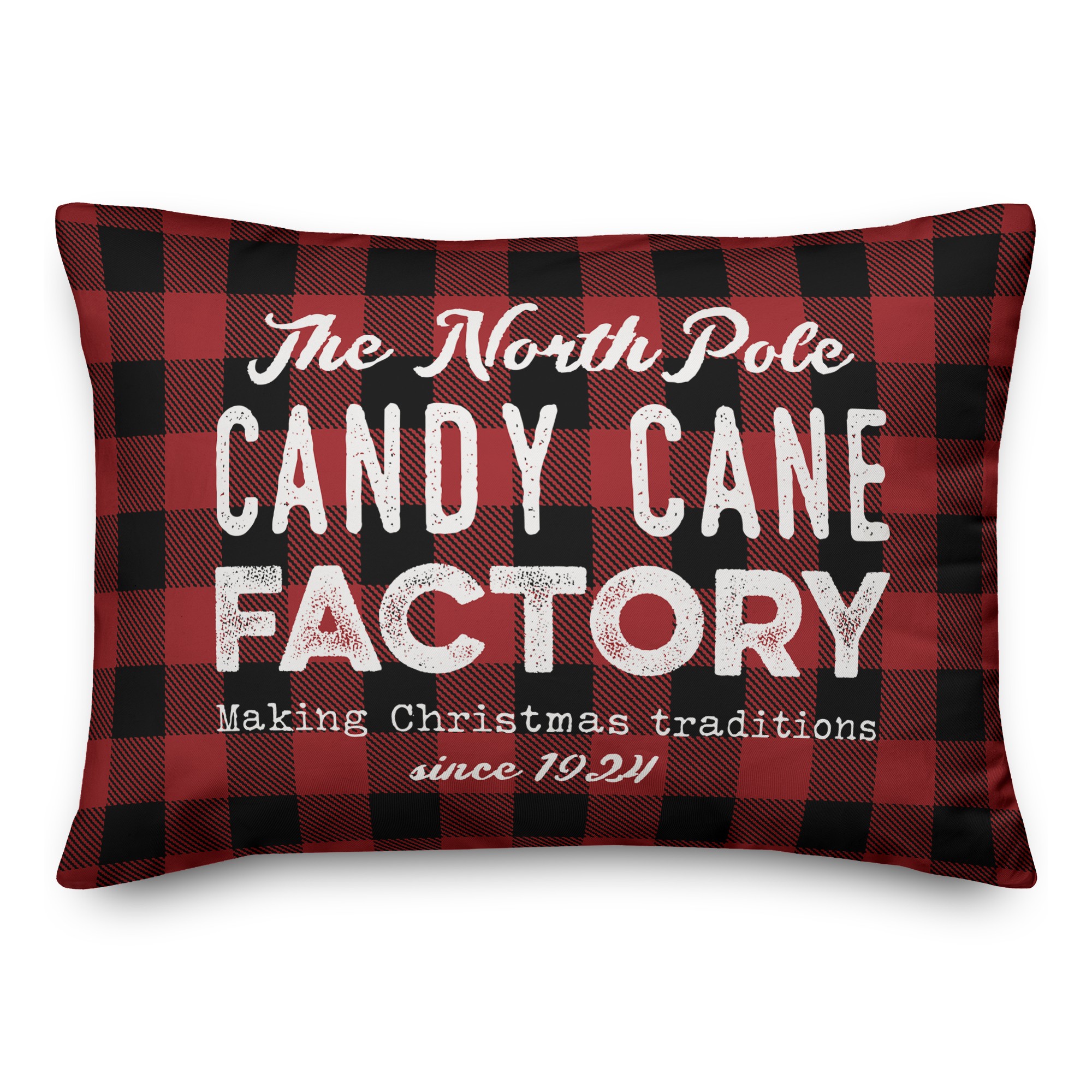 Plaid The North Pole Candy Cane Factory Pillow