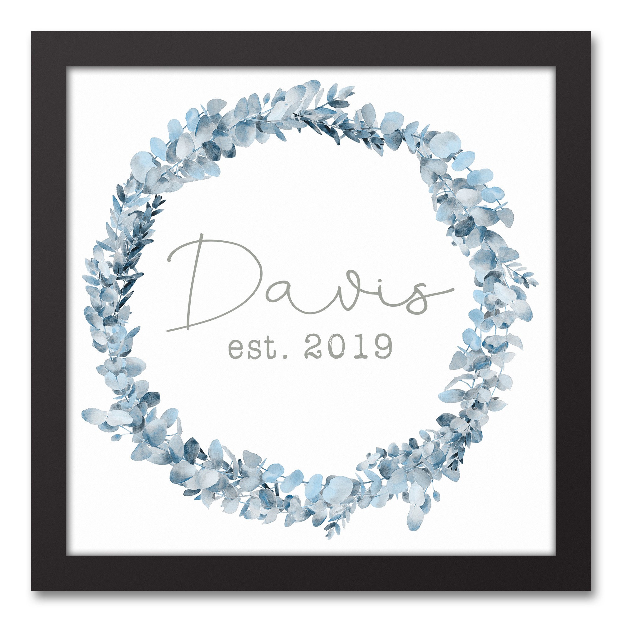 Eucalyptus Family Name Wreath 12x12 Personalized Black Framed Canvas
