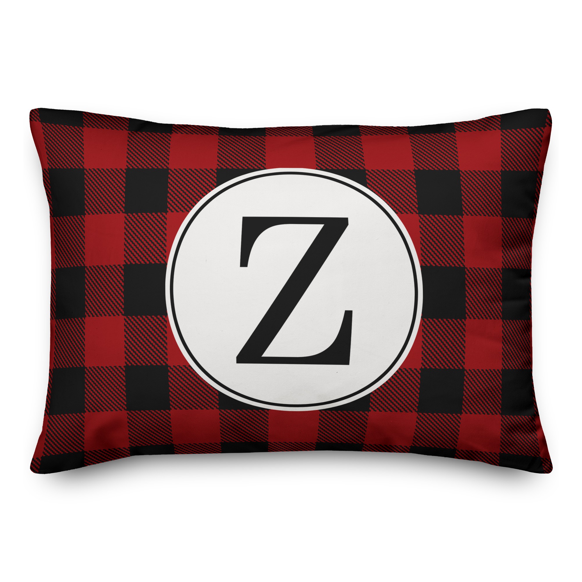 Black & Red Buffalo Check Plaid Monogram Pillow