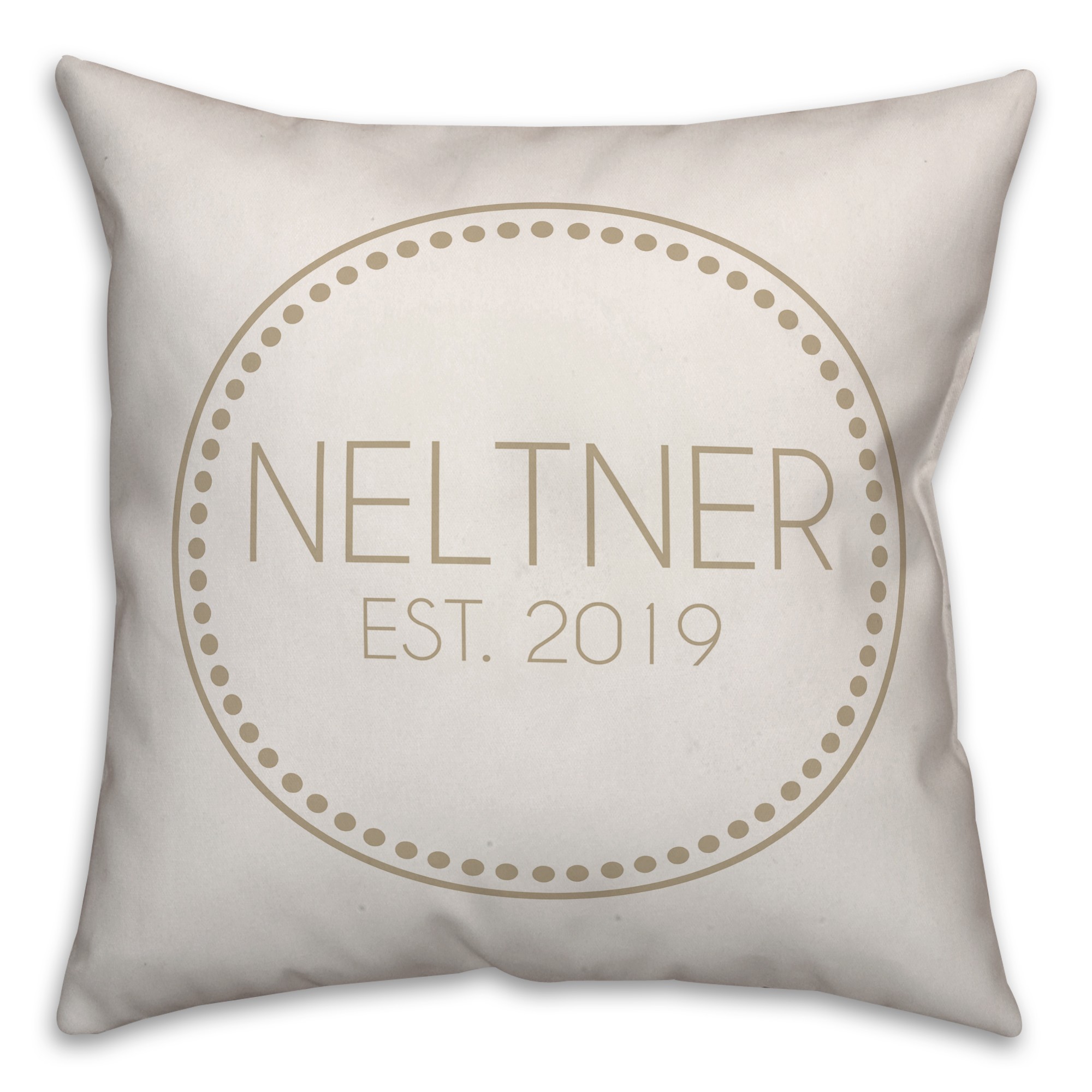 Circle Dotted Border Name Date In Khaki 18x18 Personalized Indoor / Outdoor Pillow