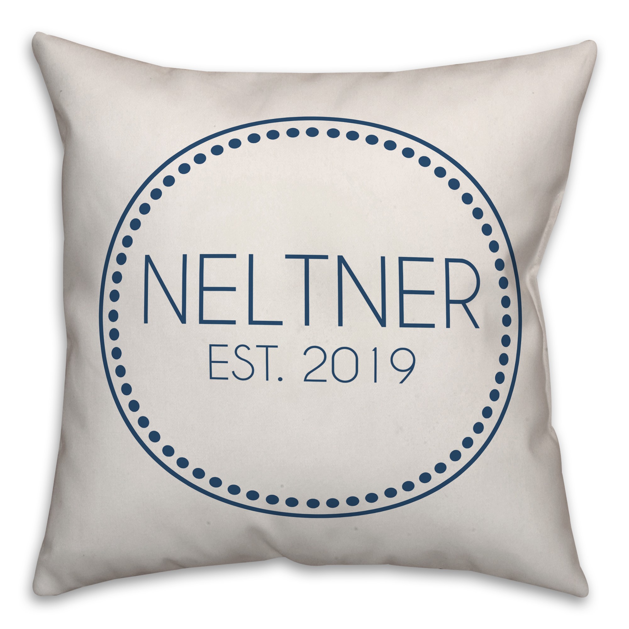 Circle Dotted Border Name Date In Navy Stripes 18x18 Personalized Indoor / Outdoor Pillow