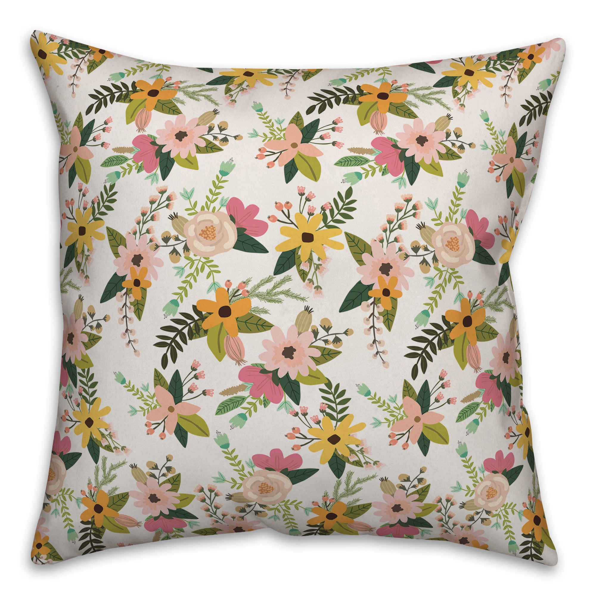 Spring Floral Pattern Pink And Green Jungle Cat 18x18 Indoor / Outdoor Pillow
