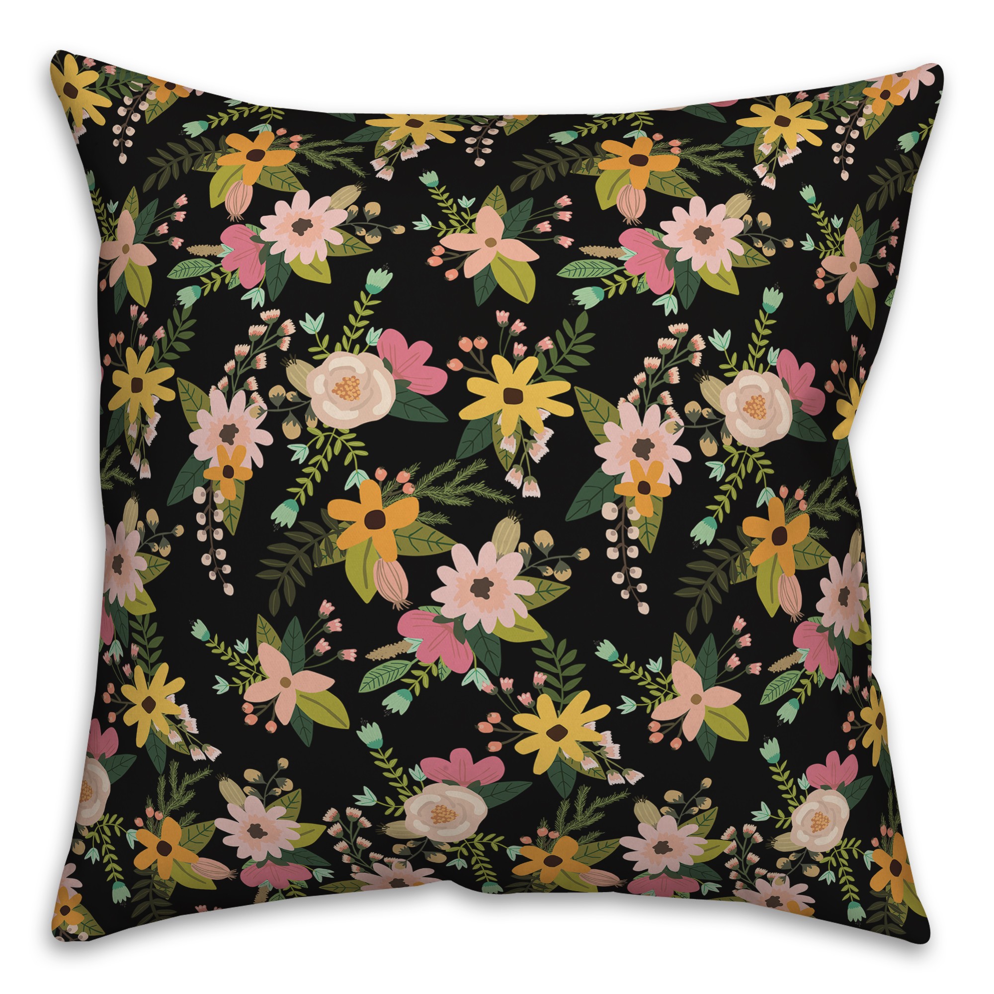 Spring Floral Pattern Pink And Green Jungle Cat In Black 18x18 Indoor / Outdoor Pillow