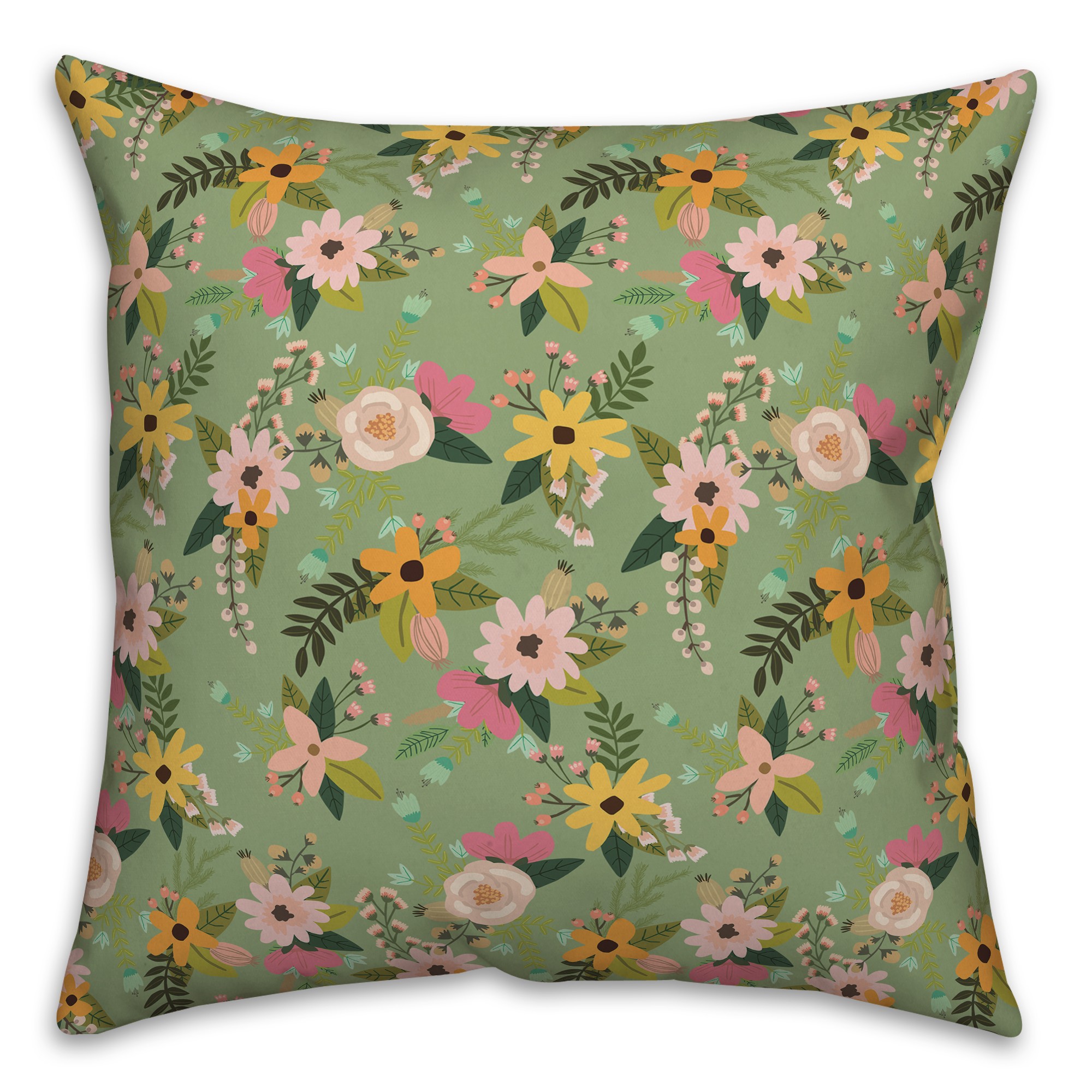 Spring Floral Pattern Pink And Green Jungle Cat In Green 18x18 Indoor / Outdoor Pillow