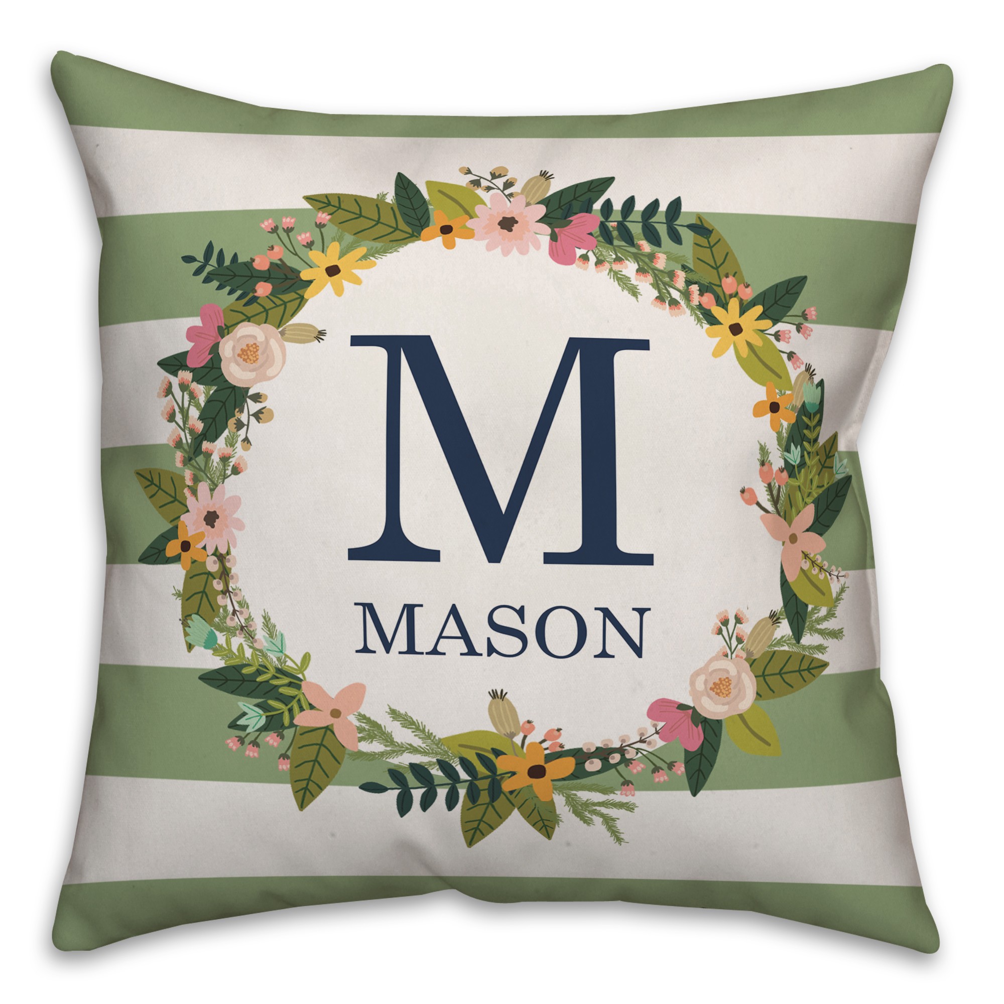 Spring Wreath Pink Monogram Stripes Green Navy 18x18 Personalized Indoor / Outdoor Pillow
