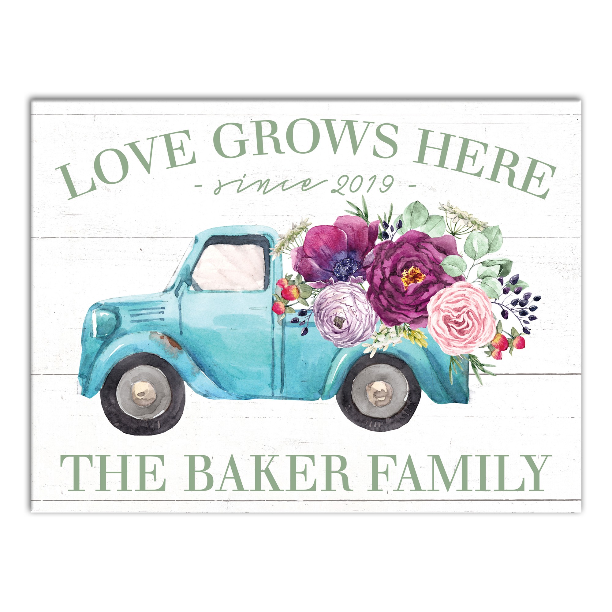 Watercolor Floral Truck  12x16 Personalized Canvas Wall Art