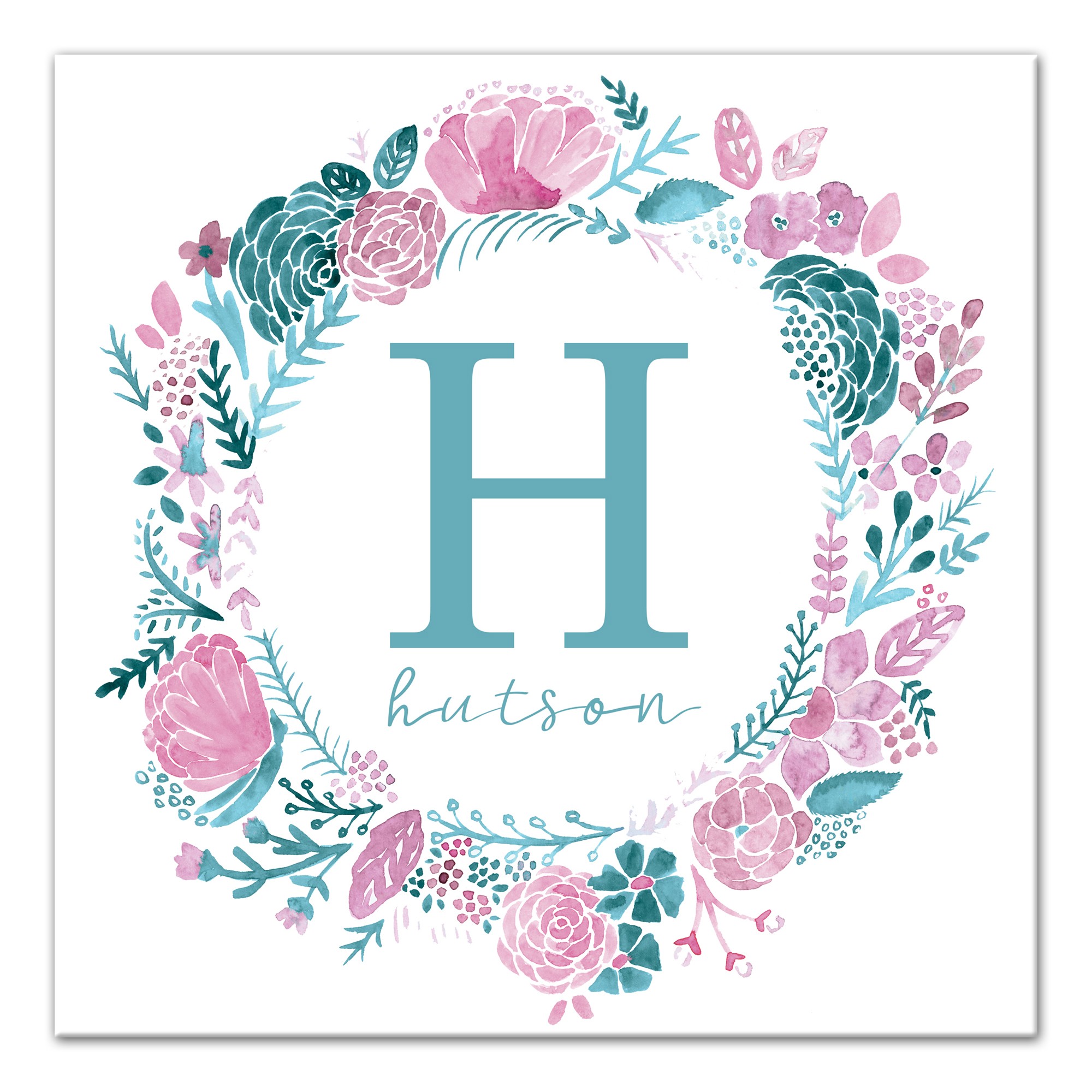 Floral Watercolor Monogram Wreath 16x16 Personalized Canvas Wall Art