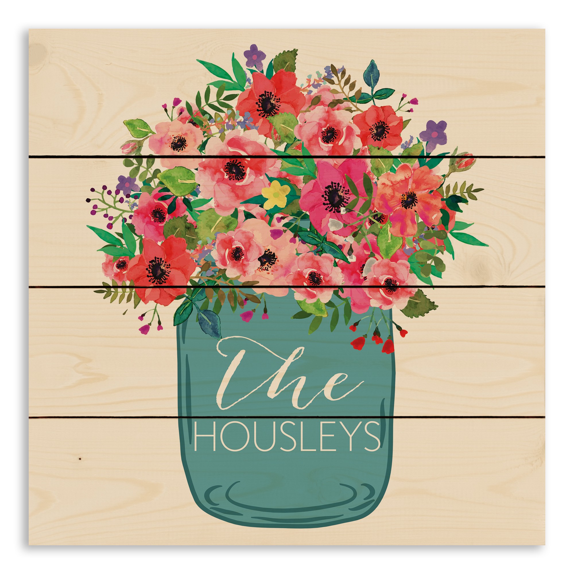 Watercolor Mason Jar Flowers 14x14 Personalized Pallet Wood Art