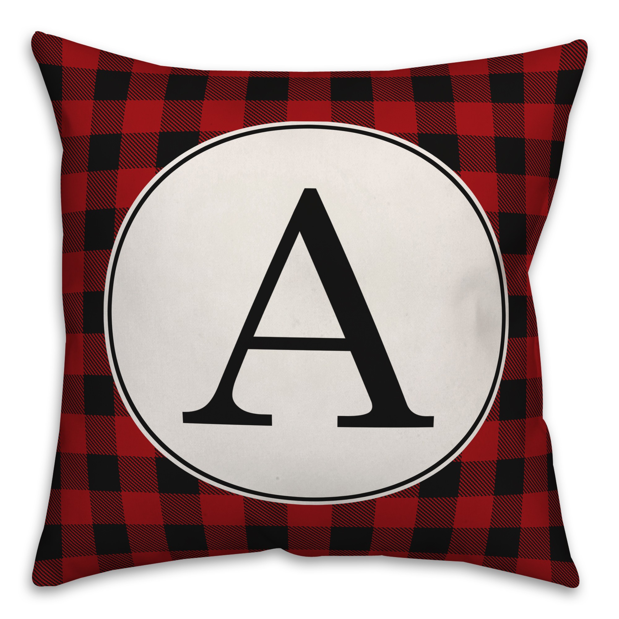 Red & Black Buffalo Check Plaid Monogram 18x18 Personalized Spun Poly Pillow