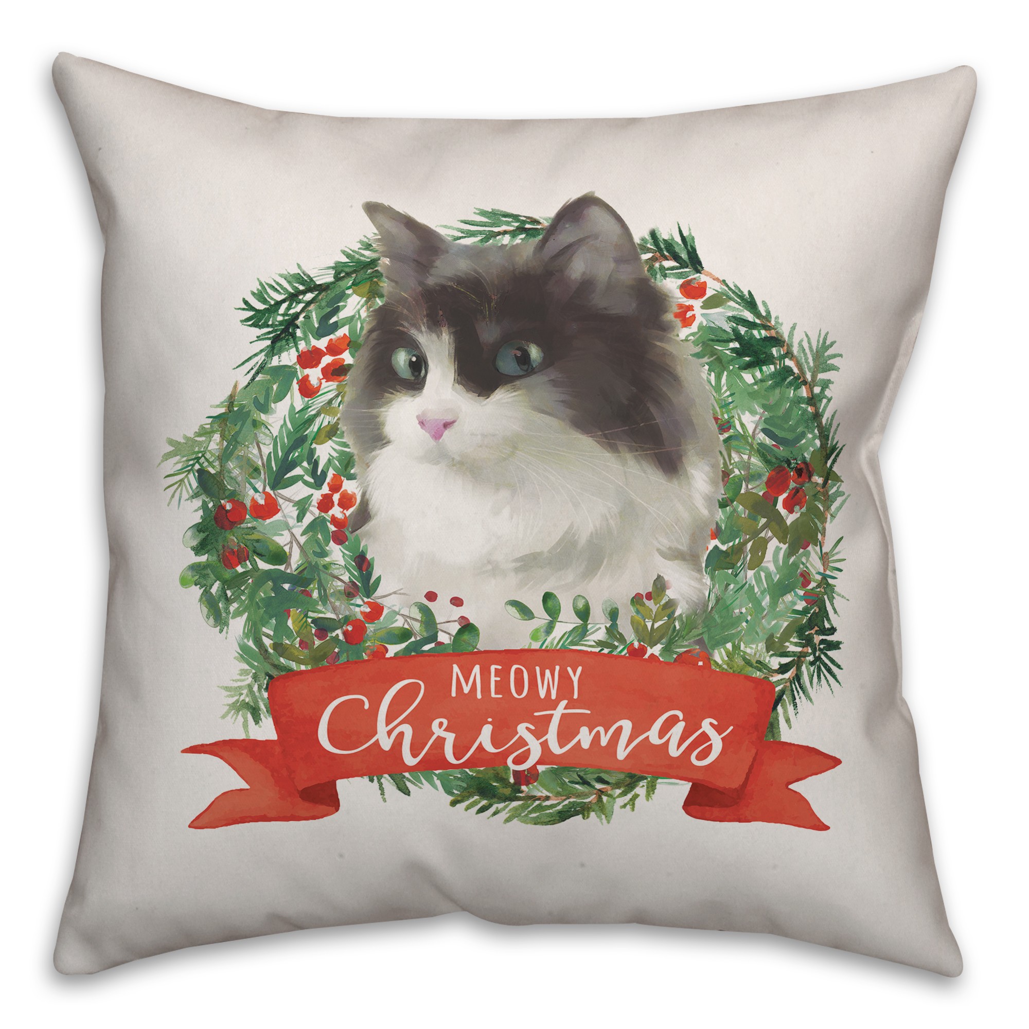 Christmas Cat Wreath Pillow