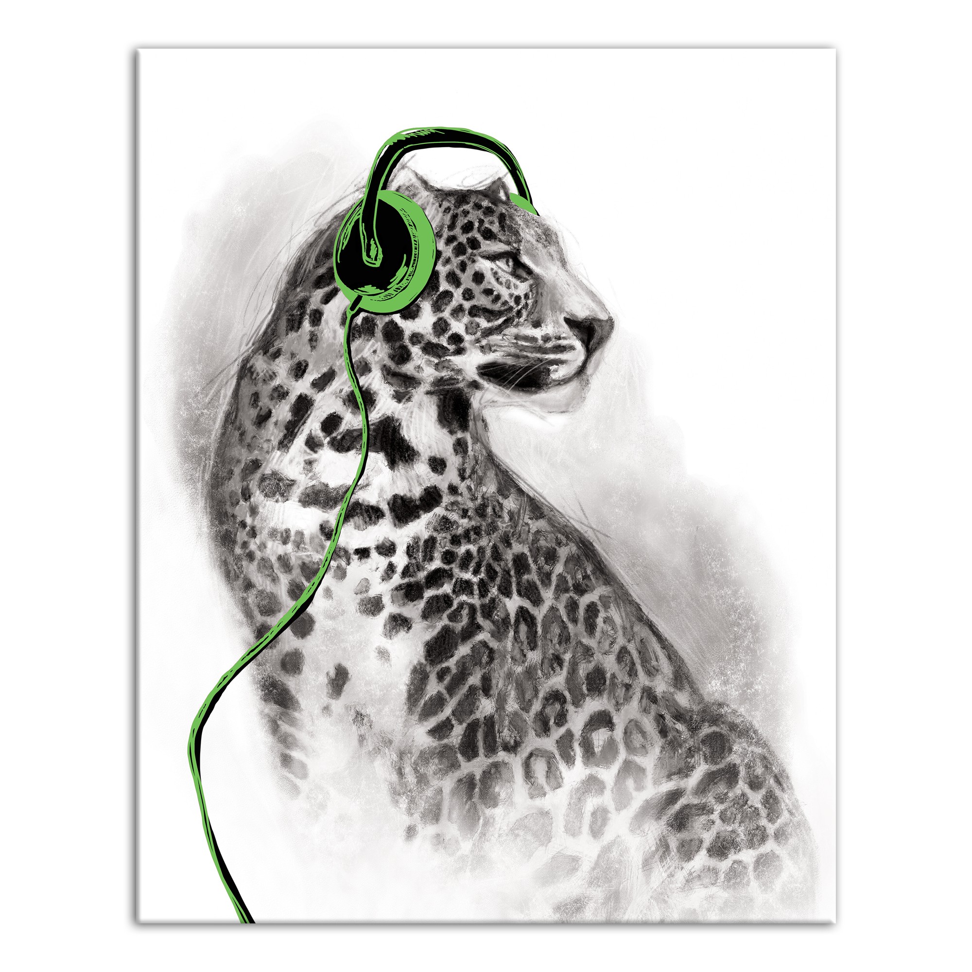 Green Leopard Headphones Wall Art