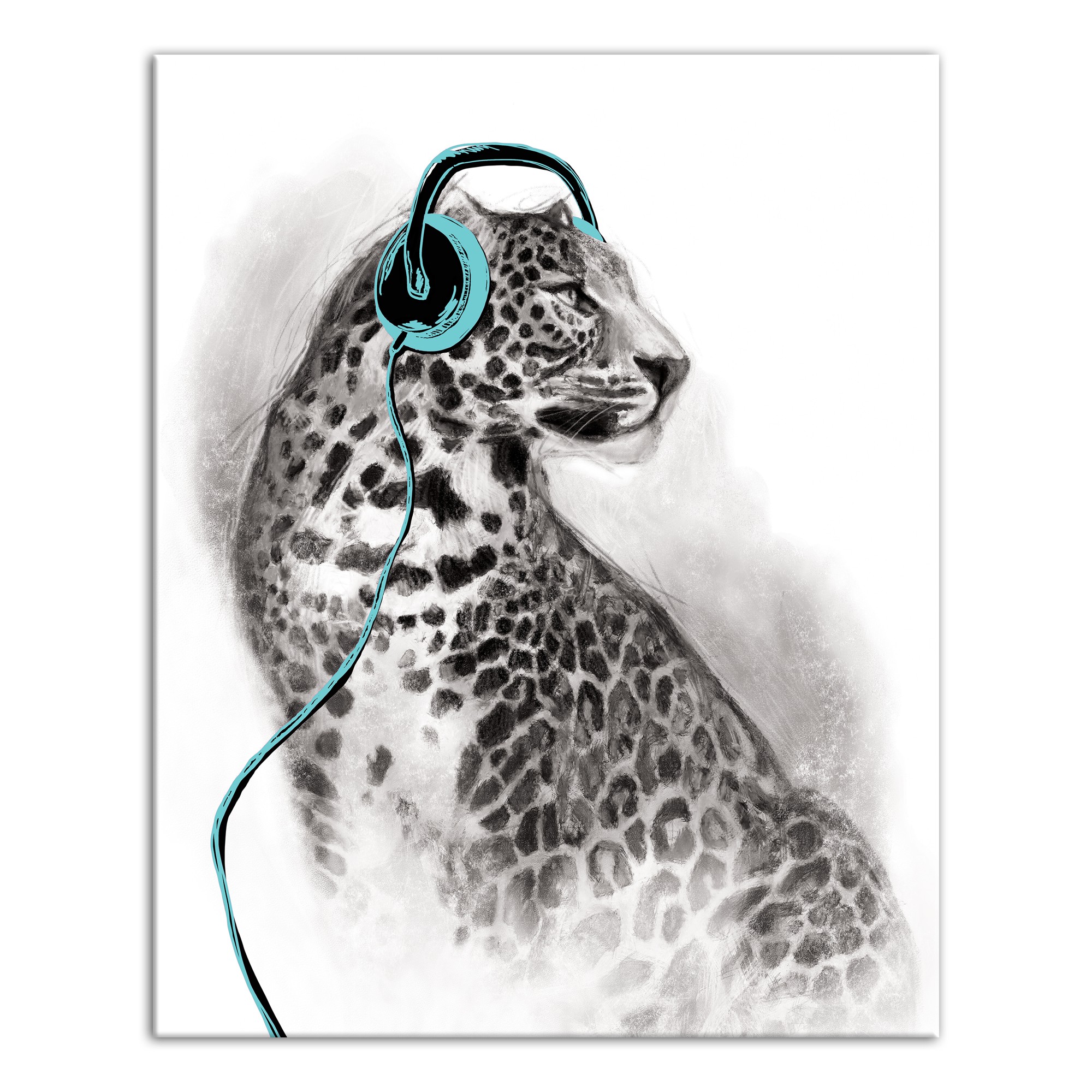 Teal Leopard Headphones Wall Art