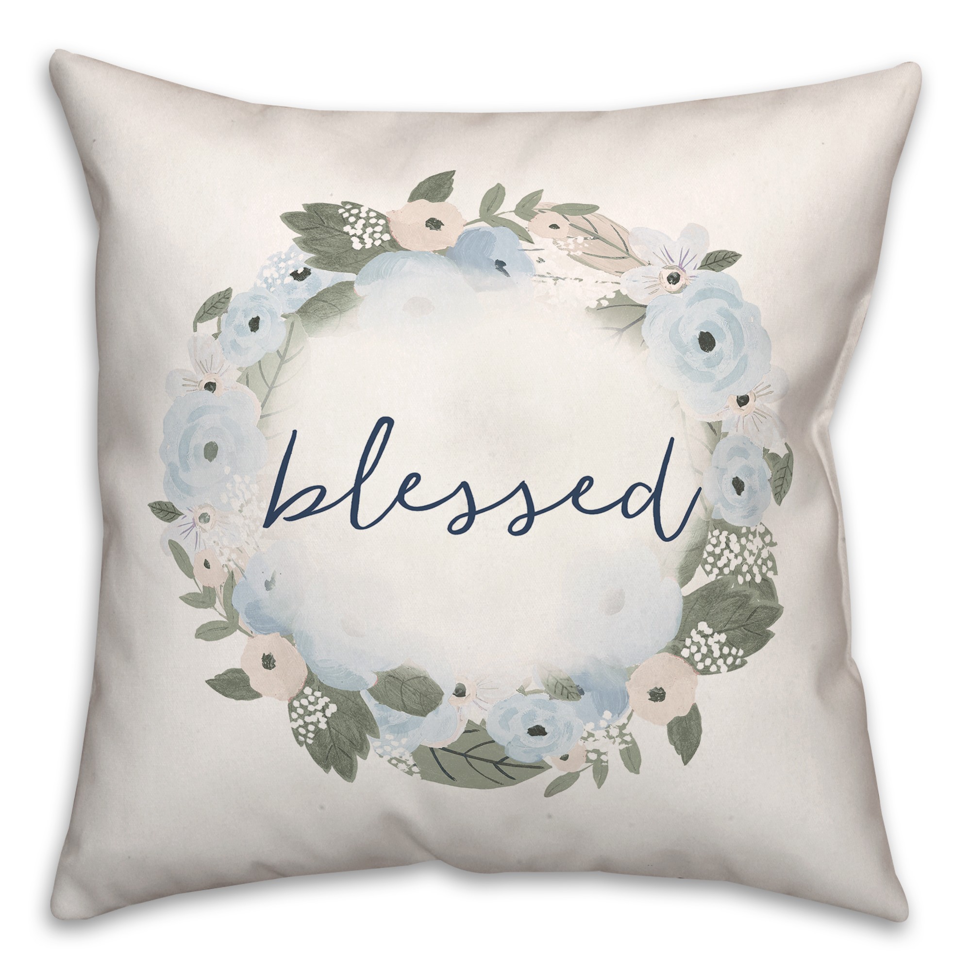 Blue Blessed Floral Wreath 18x18 Spun Poly Pillow