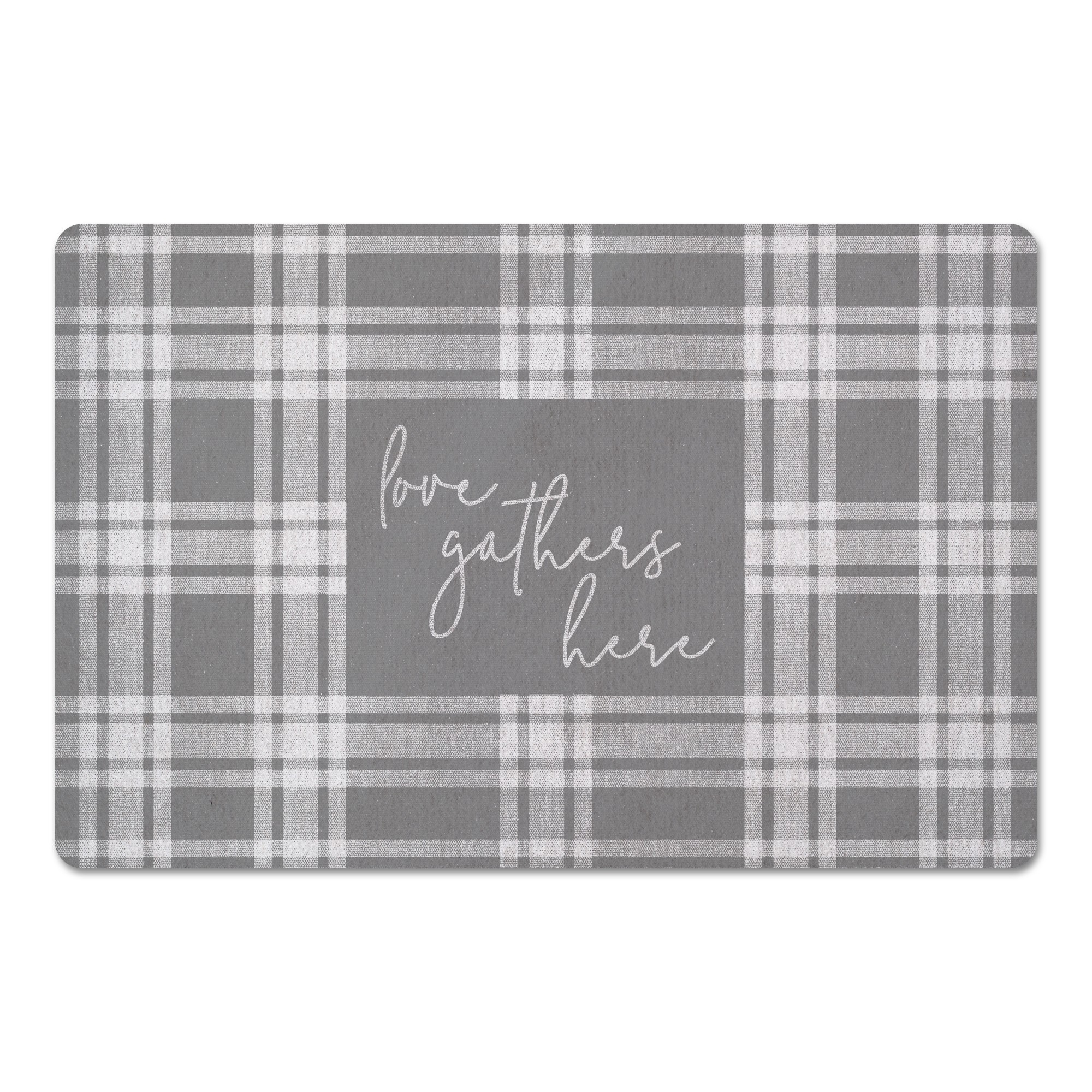 Gray Plaid Love Gathers Here  27x18 Floor Mat