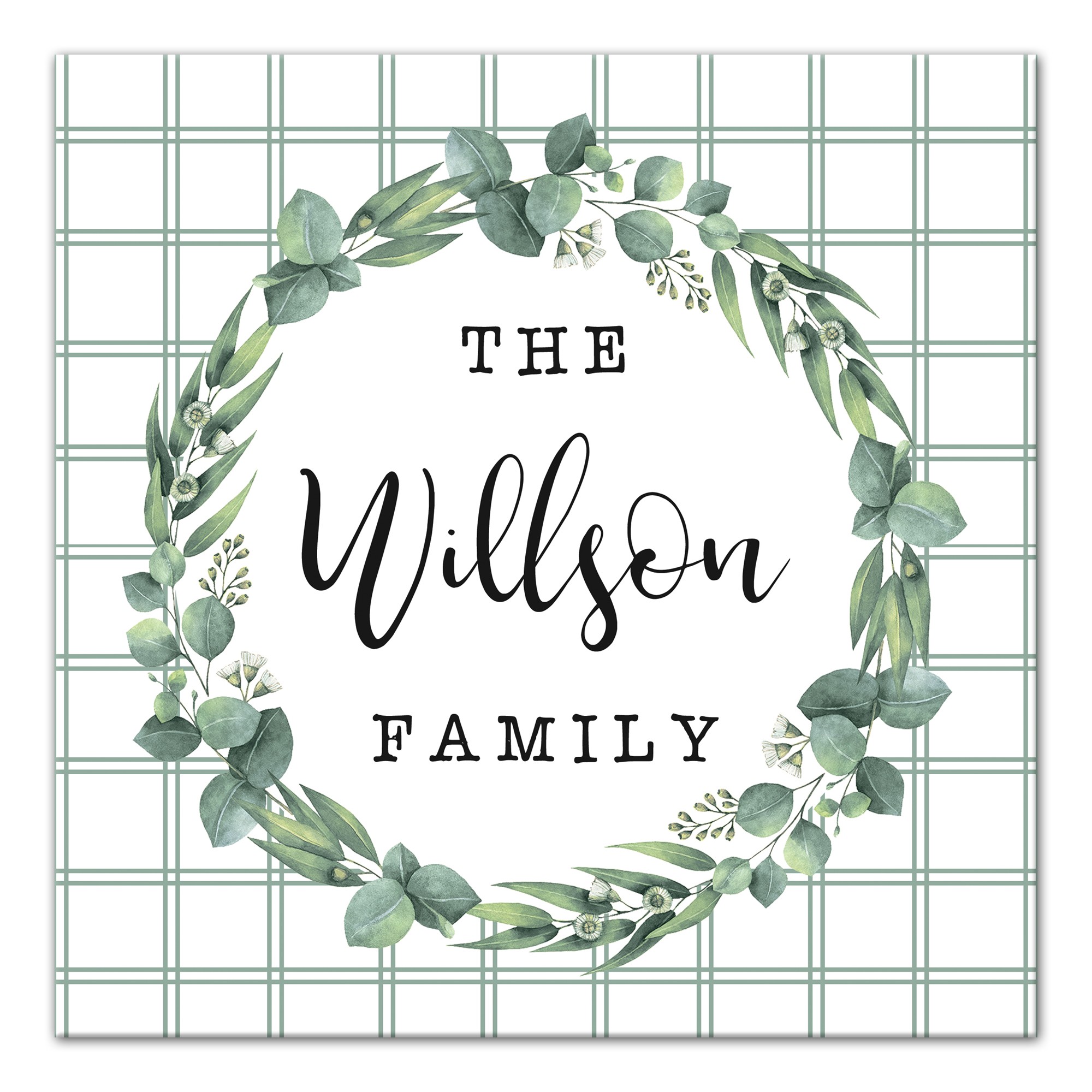 Green Checkered Eucalyptus Wreath 16x16 Personalized Canvas Wall Art