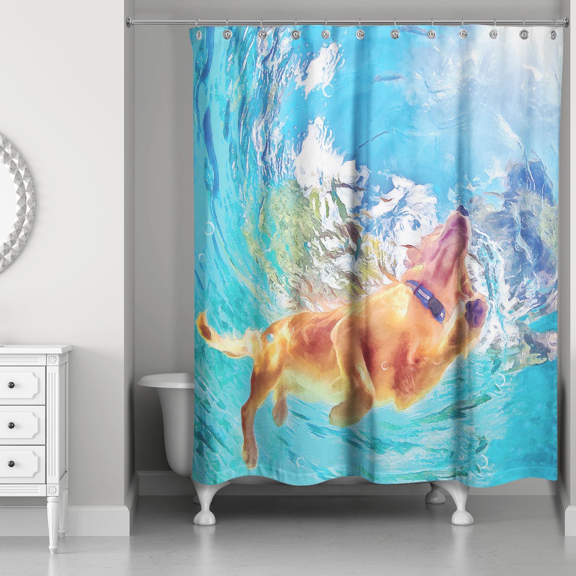 Swimming Painted Pup 71x74 Shower Curtain