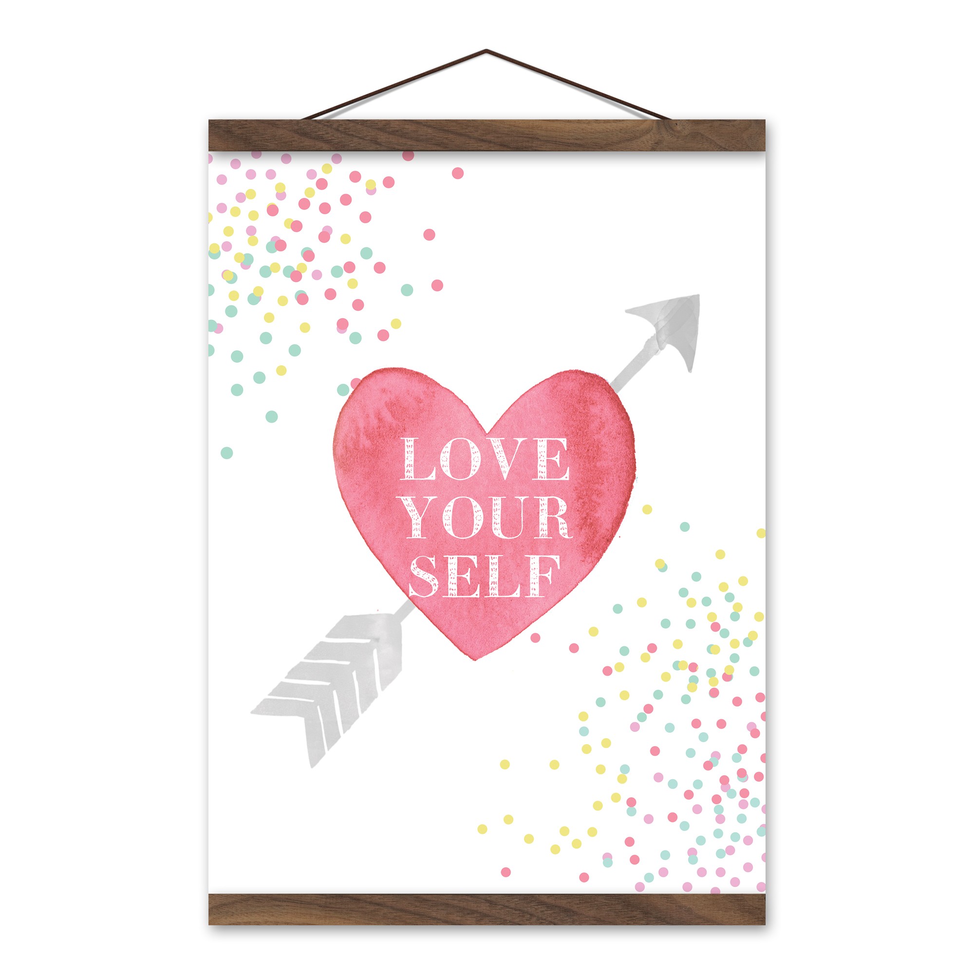 Love Yourself Confetti Heart 12x16 Teak Hanging Canvas