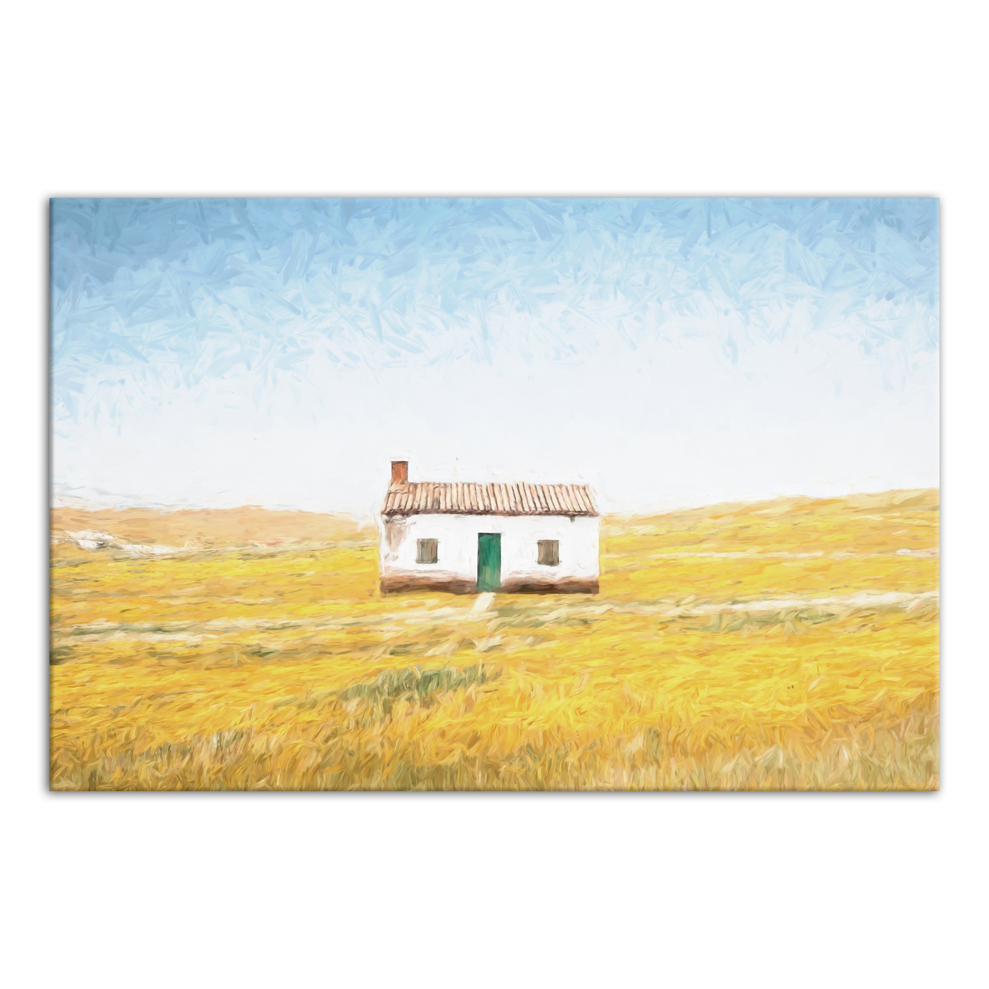 Country Cottage in Yellow Field Landscape Wall Art