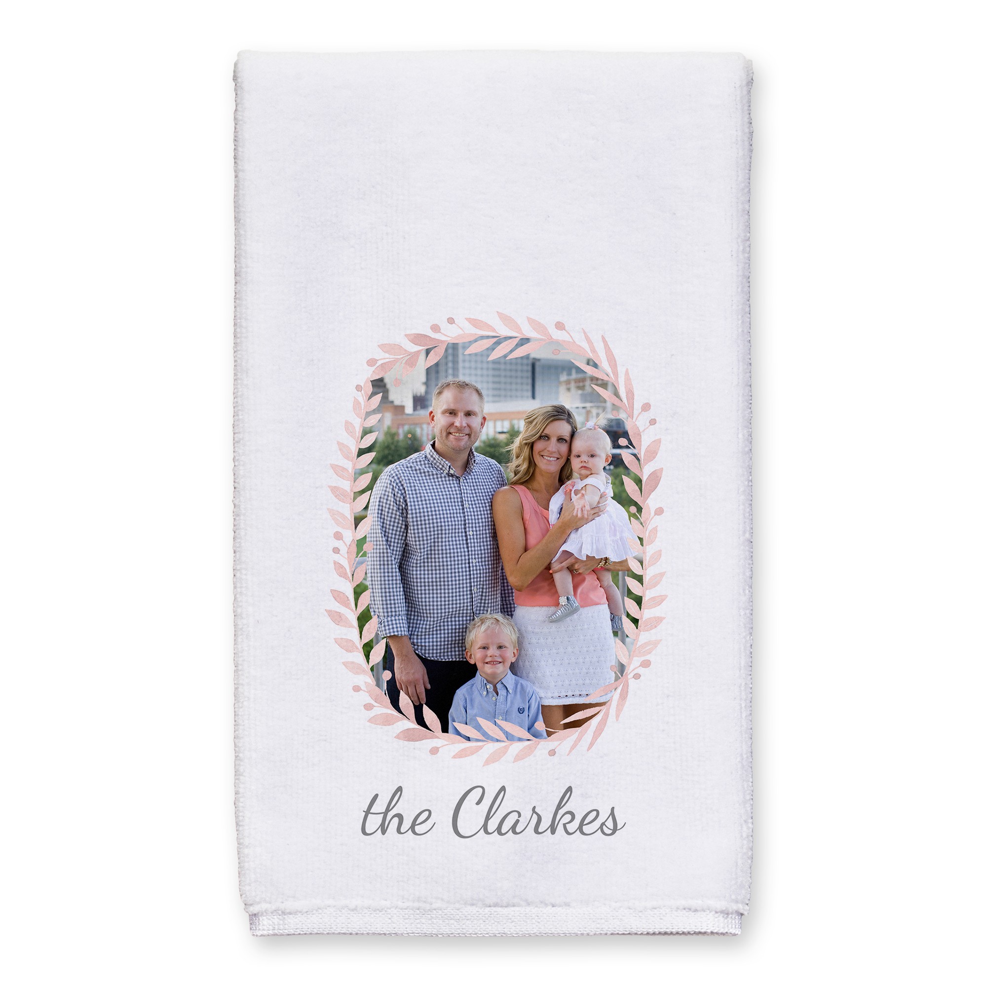 Family Pink Floral Wreath 16x25 Personalized Towel