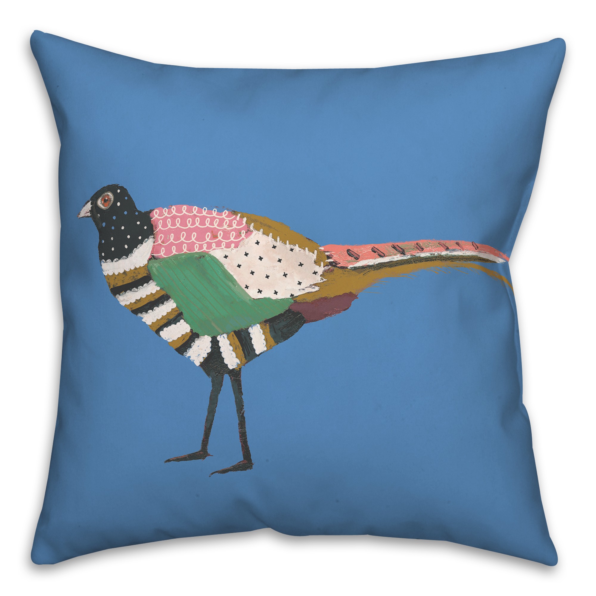 Colorful Patterned Bird with Blue 20x20 Indoor / Outdoor Pillow