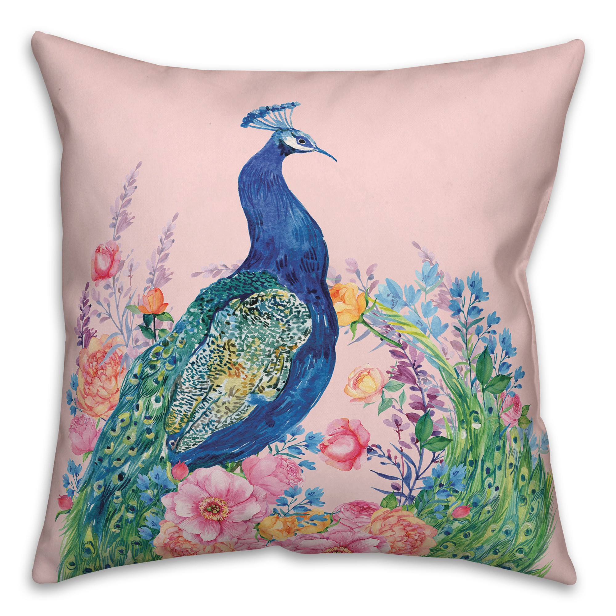 Floral Peacock on Pink 20x20 Indoor / Outdoor Pillow