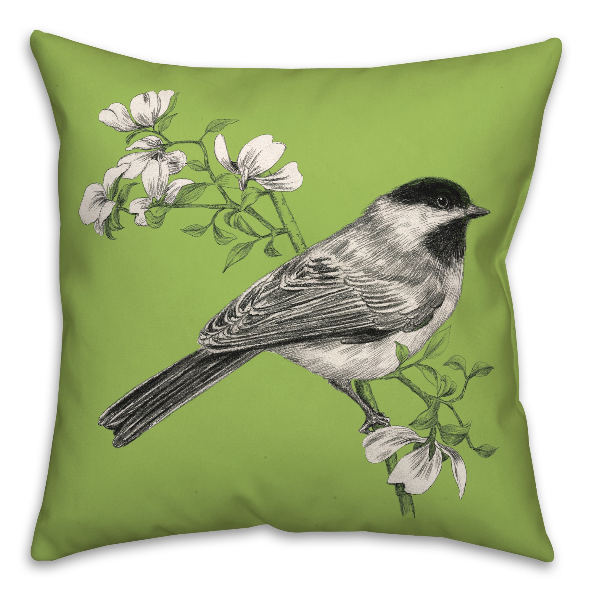 Chickadee Bird with Flowers on Green 20x20 Indoor / Outdoor Pillow
