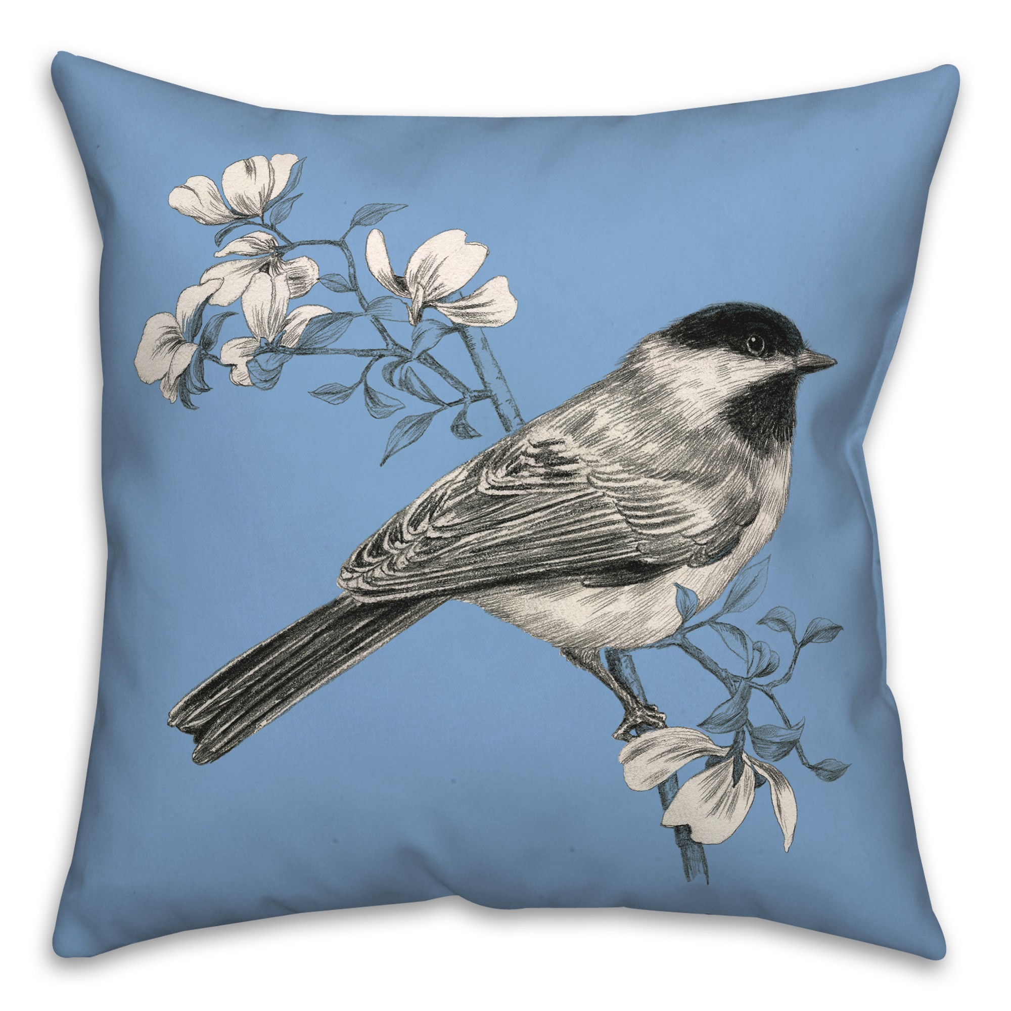 Chickadee Bird with Flowers on Blue 20x20 Indoor / Outdoor Pillow