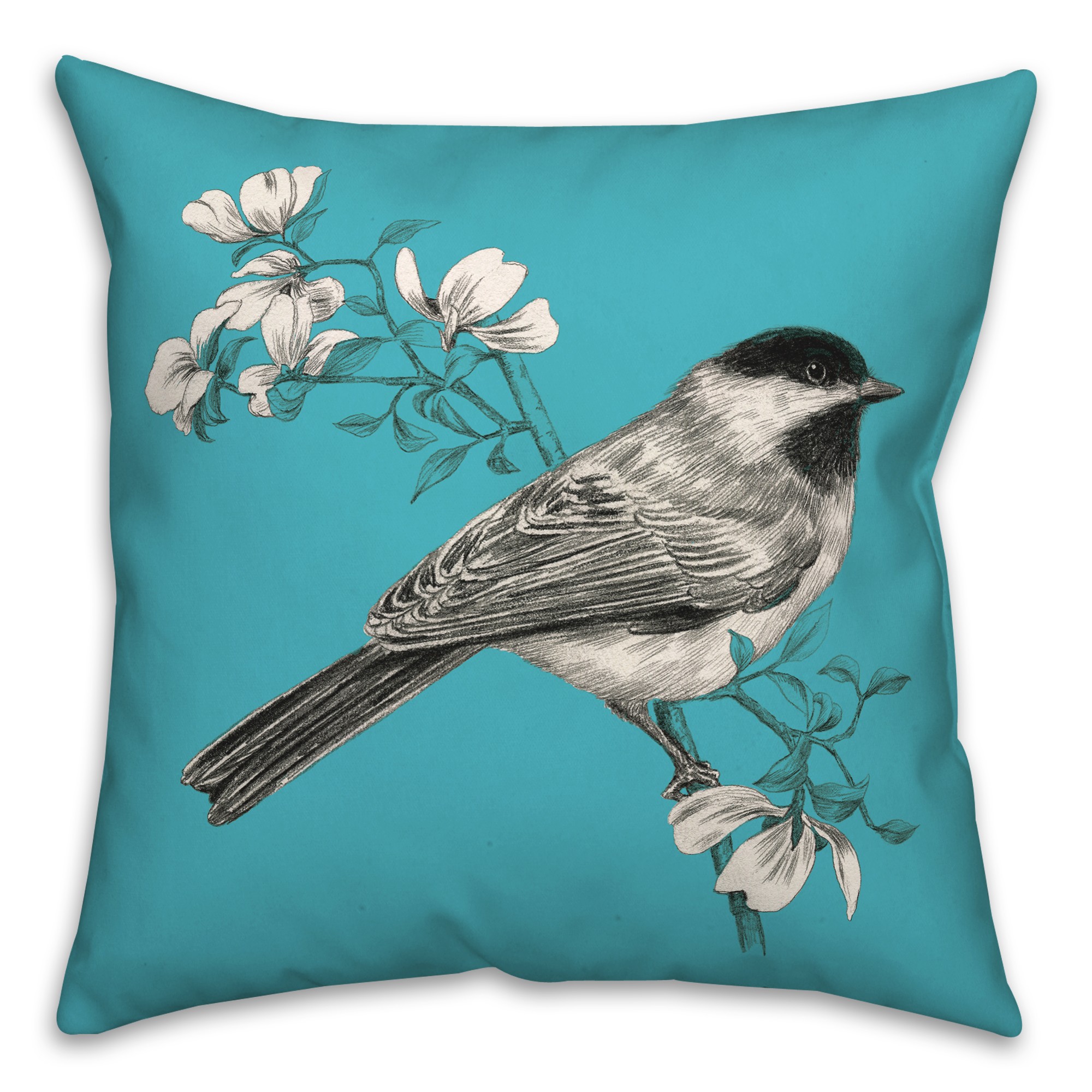 Chickadee Bird with Flowers on Teal 20x20 Indoor / Outdoor Pillow