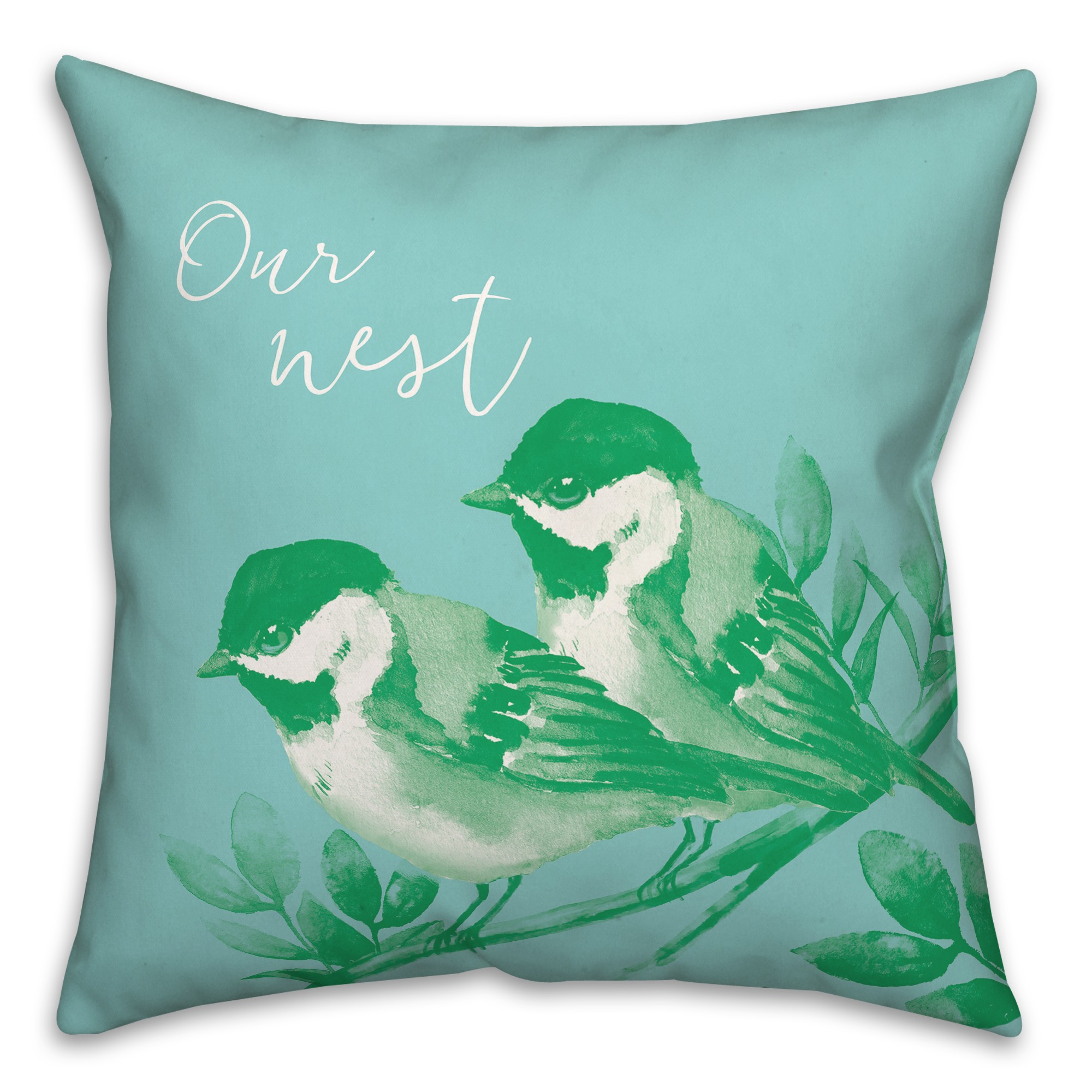 Our Nest Watercolor Green Birds on Blue 20x20 Indoor / Outdoor Pillow
