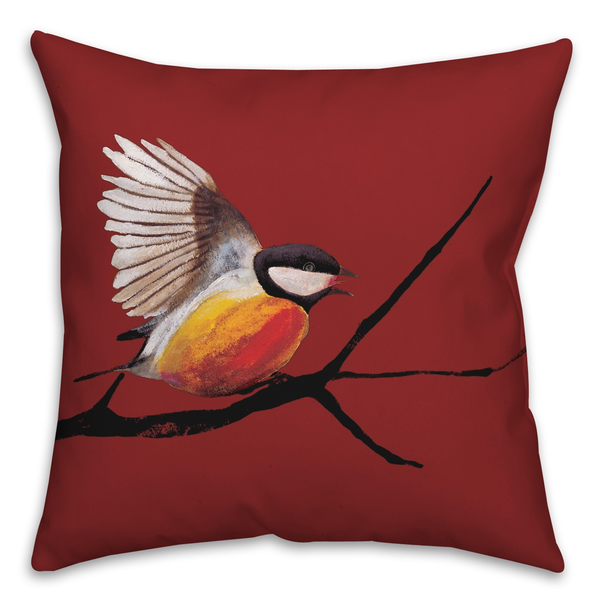 Flying Bird on Branch with Red 20x20 Indoor / Outdoor Pillow