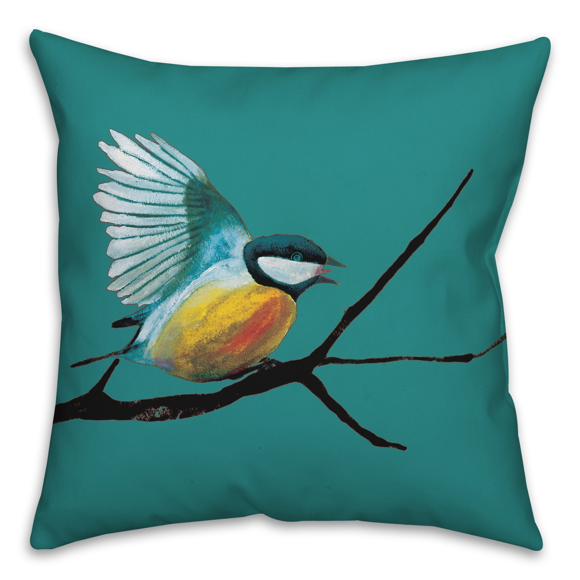 Flying Bird on Branch with Teal 20x20 Indoor / Outdoor Pillow