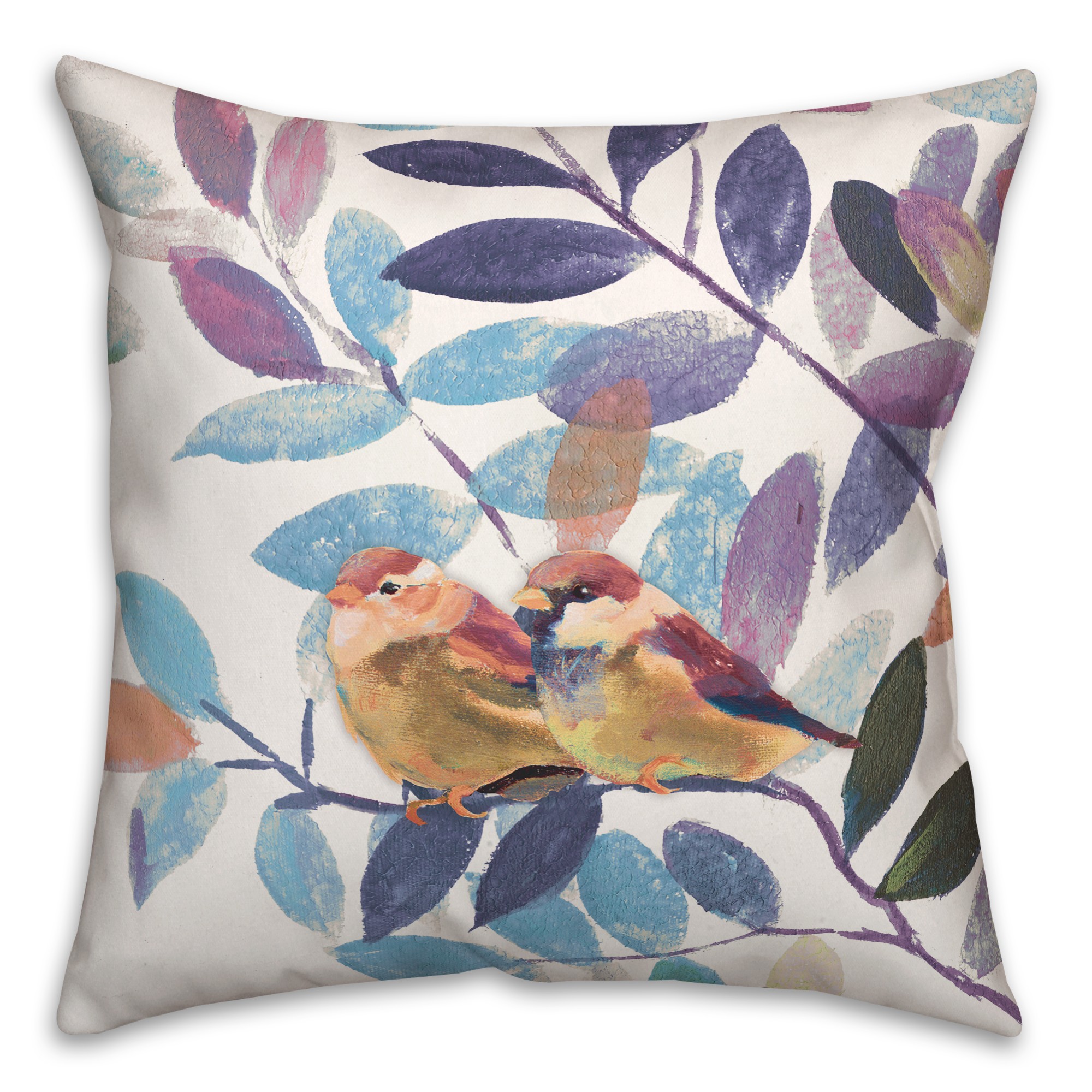 Blue and Purple Leaves with Birds 20x20 Indoor / Outdoor Pillow