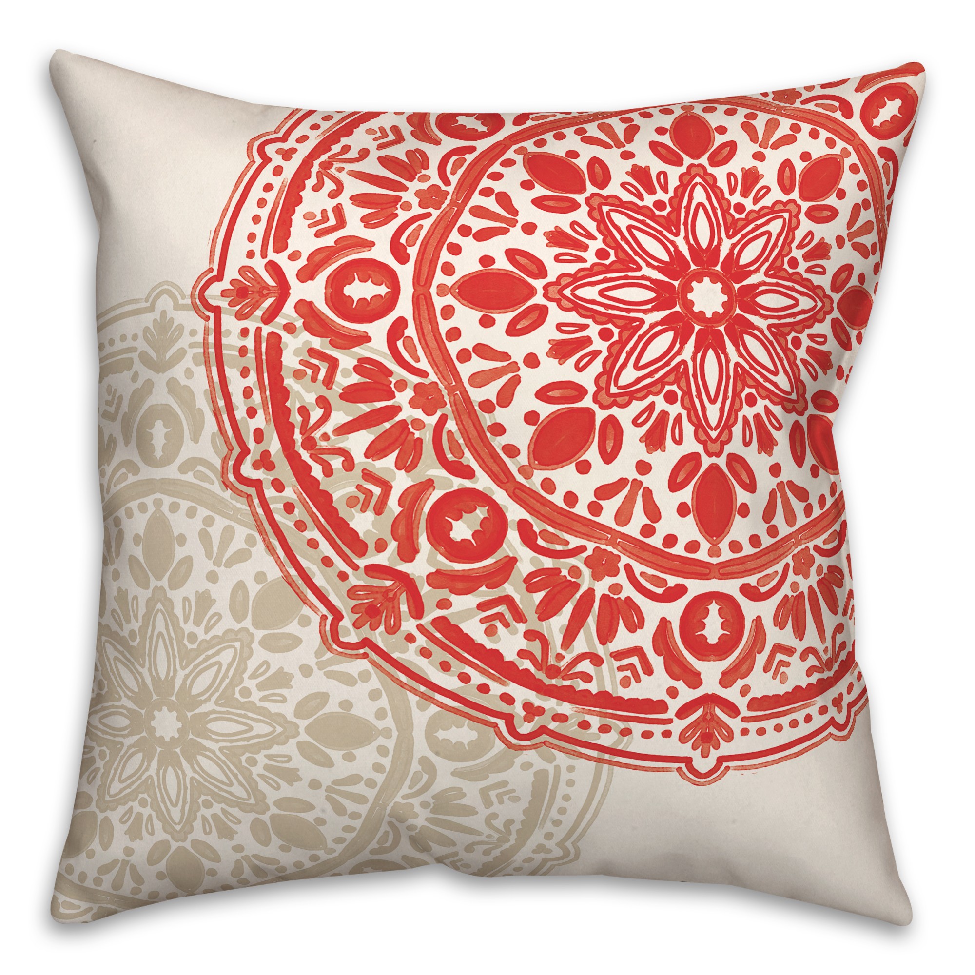 Double Medallion Tan Red 20x20 Indoor / Outdoor Pillow