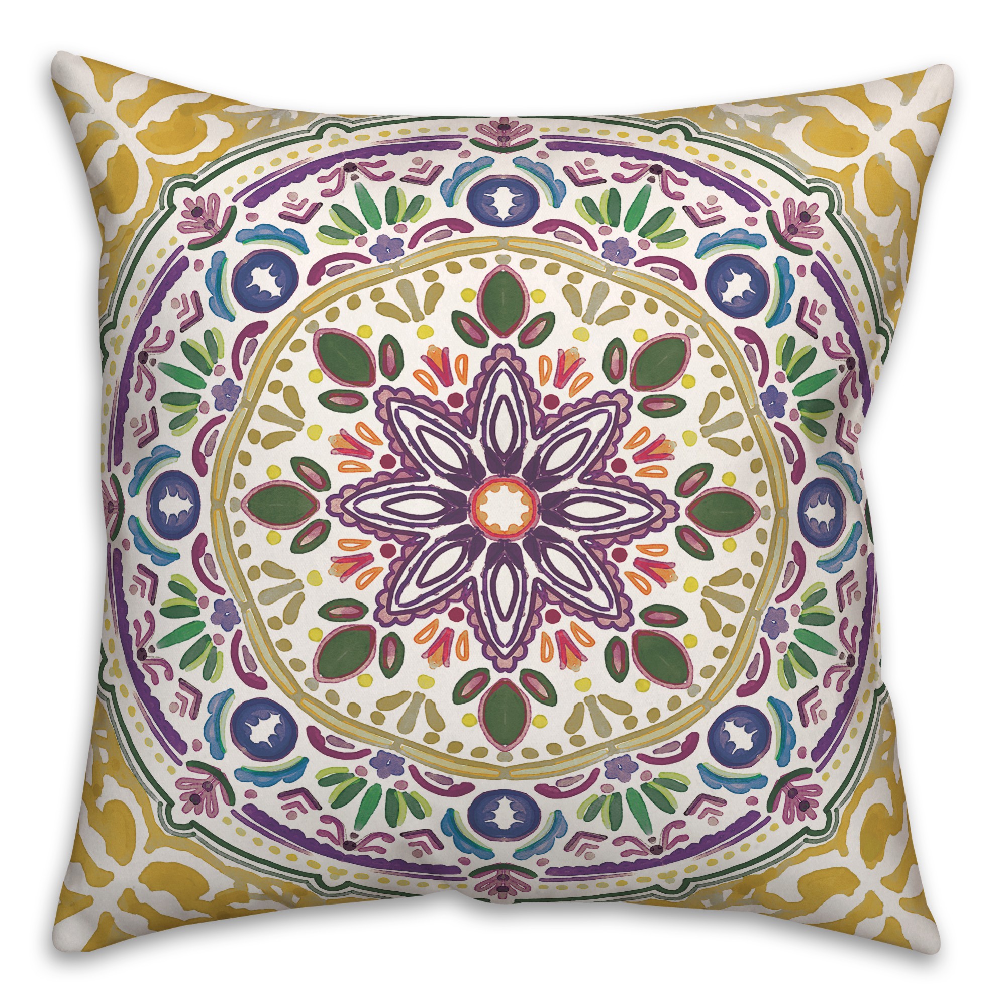 Colorful Yellow Purple Medallion 20x20 Indoor / Outdoor Pillow