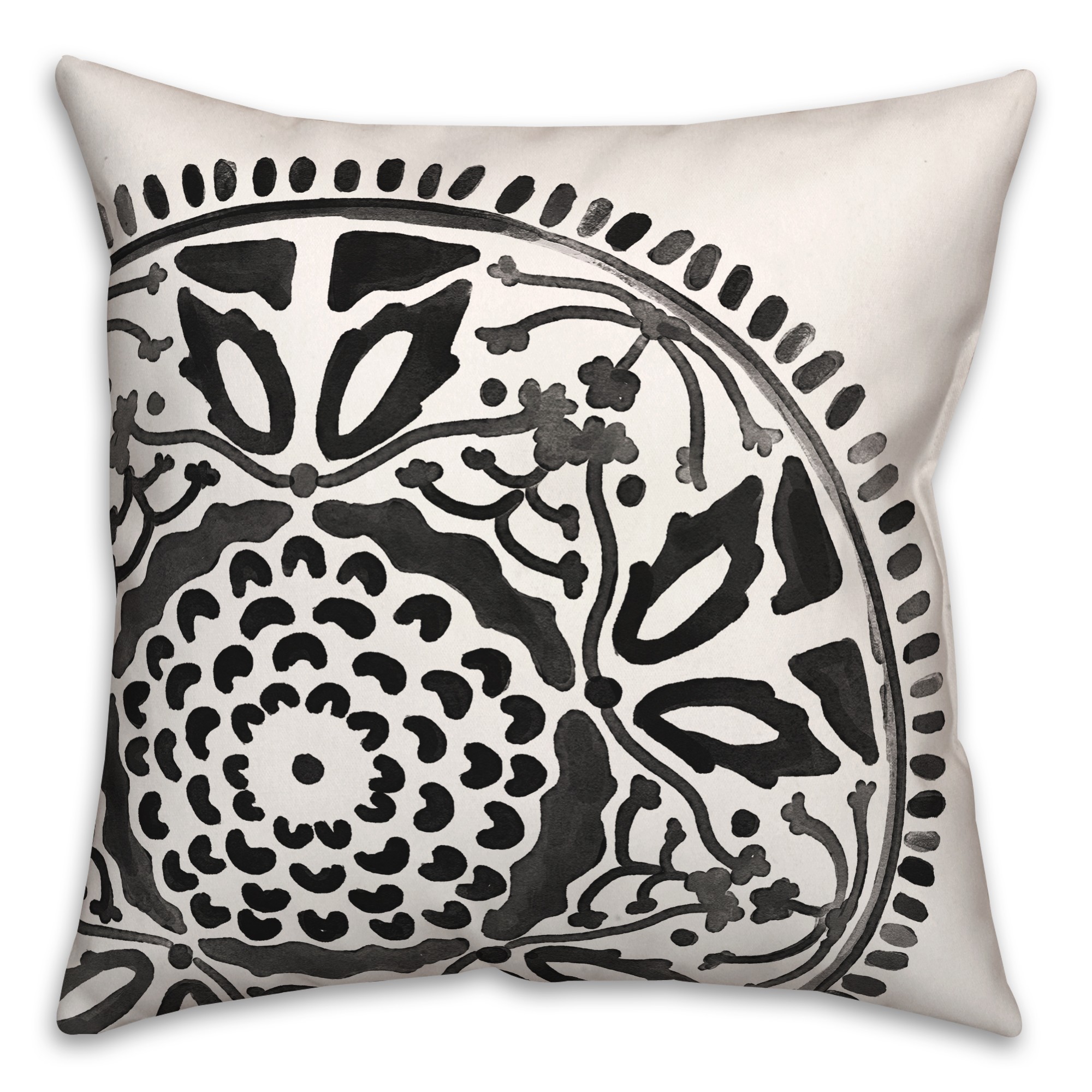 Large Black Watercolor Medallion 20x20 Indoor / Outdoor Pillow