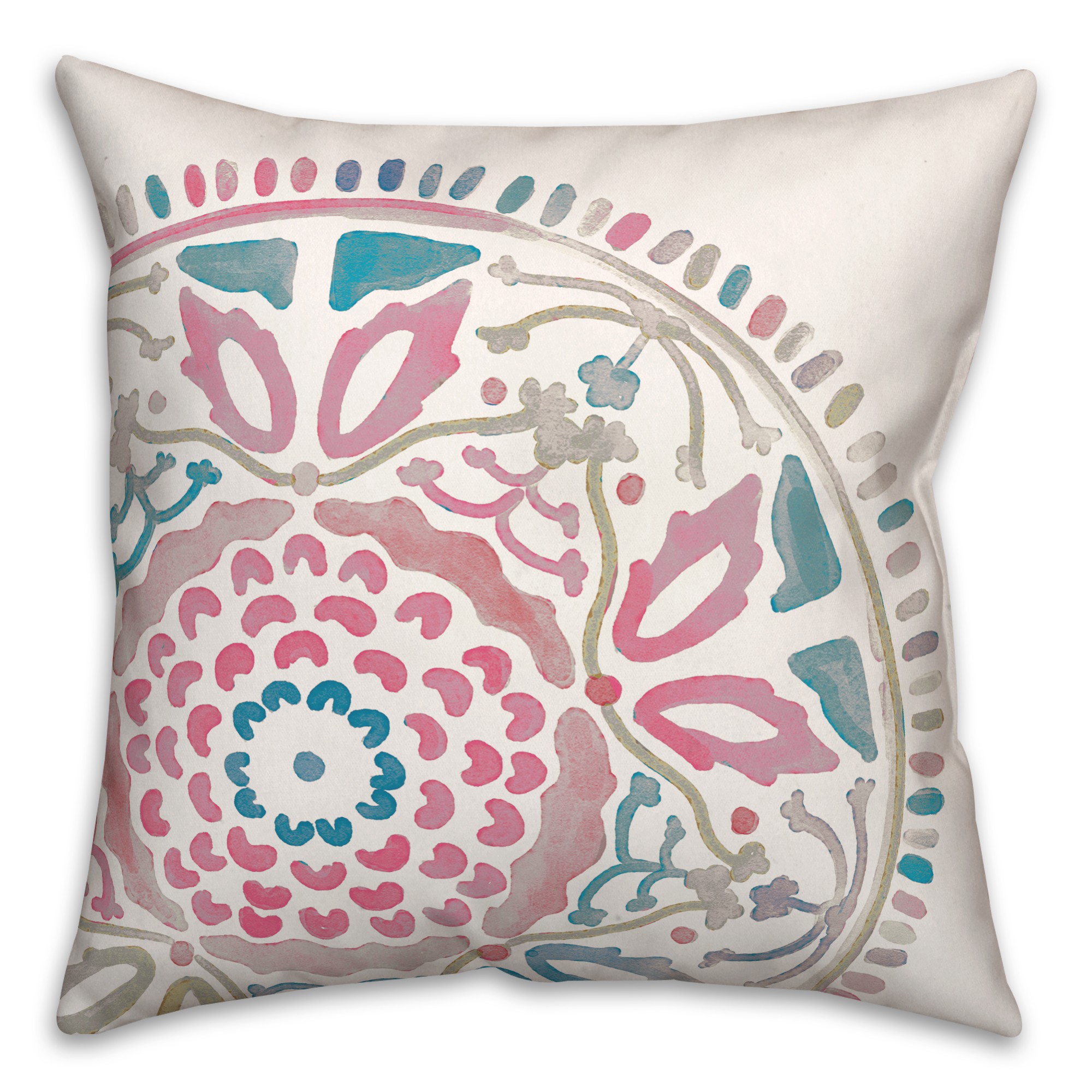 Large Pink and Blue Watercolor Medallion 20x20 Indoor / Outdoor Pillow